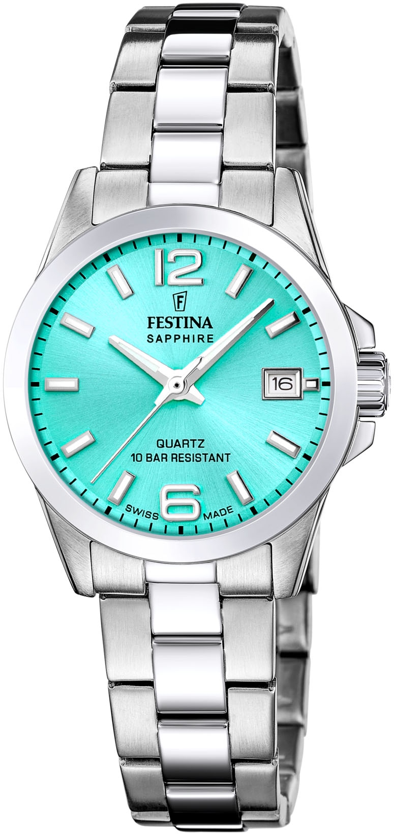 Festina Quarzuhr Armbanduhr, Damenuhr, Swiss Made, Edelstahlarmband, analog, Tag