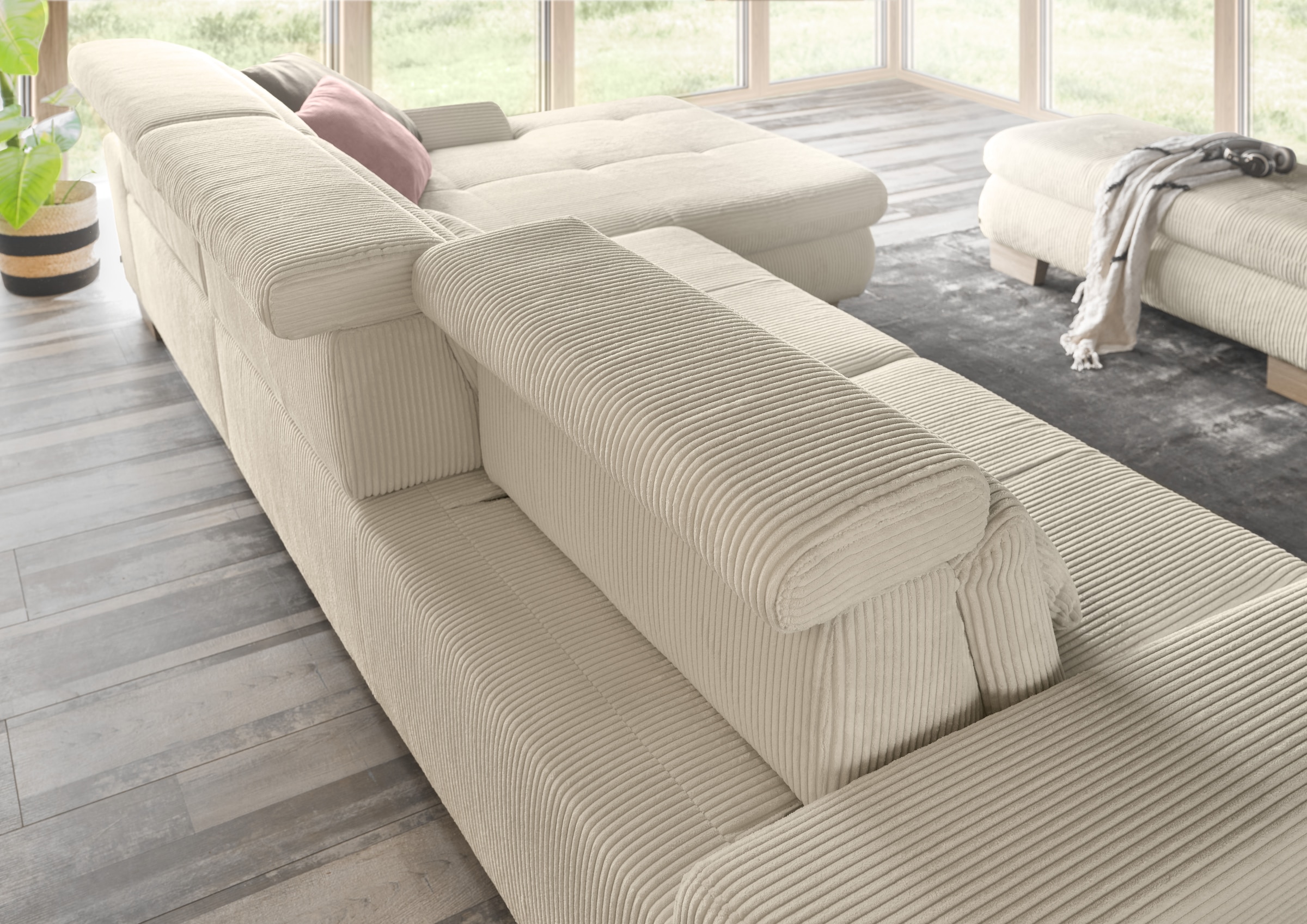 set one by Musterring Ecksofa »SO 3400 Sitzhöhe 47cm oder 49cm, Sitztiefe verstellbar, B/T: 307/195cm«, Kopteil verstellbar, mit Bettfunktion, in Cord, natur, Sitzhöhe 47