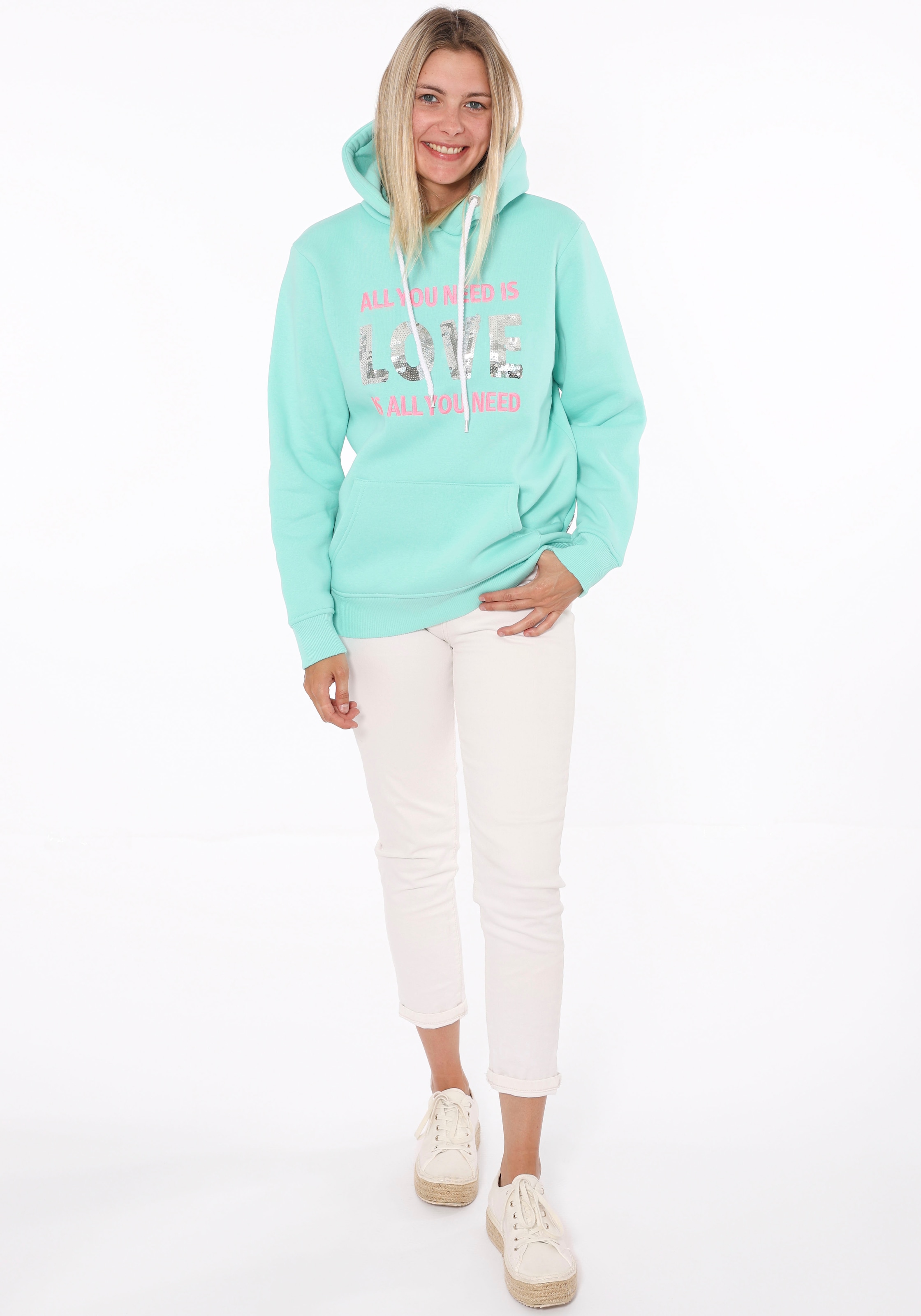 Hoodie »"Love is all you need ZH"«, mit "Love"-Aufschrift und Pailettenherzen am Rücken