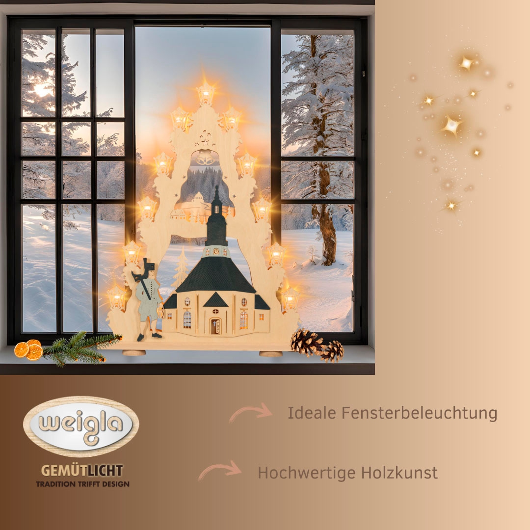 Weigla Lichterbogen »Seiffener Kirche, große Lichterspitze aus Holz,«, Erzgebirge garantiert, Weihnachtsdeko Innen, Weihnachtsbeleuchtung