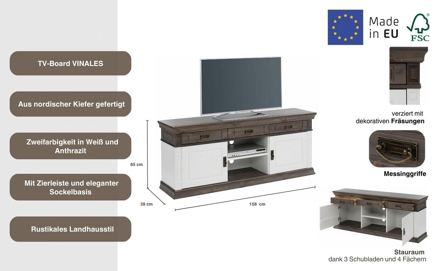 Home affaire TV-Board »Vinales«, Breite 158 cm, mit 3 Schubladen