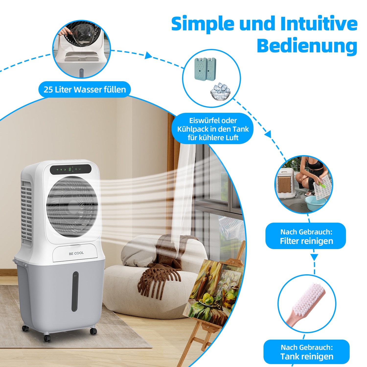 be cool Ventilatorkombigerät »Premium Luftkühler 25l mit Wifi und abnehmbarem Tank«, abnehmbarer Wassertank, Spezial Vortex Rotor, WiFi