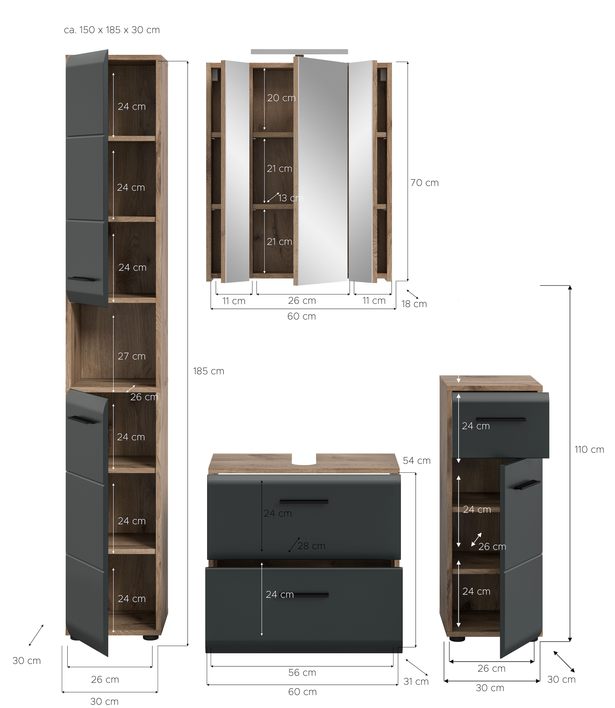 INOSIGN Badezimmer-Set Set, 5 Stk. tlg. Florenz, Badkombination 5-tlg.,Nox Oak NB,l inkl Beleuchtung