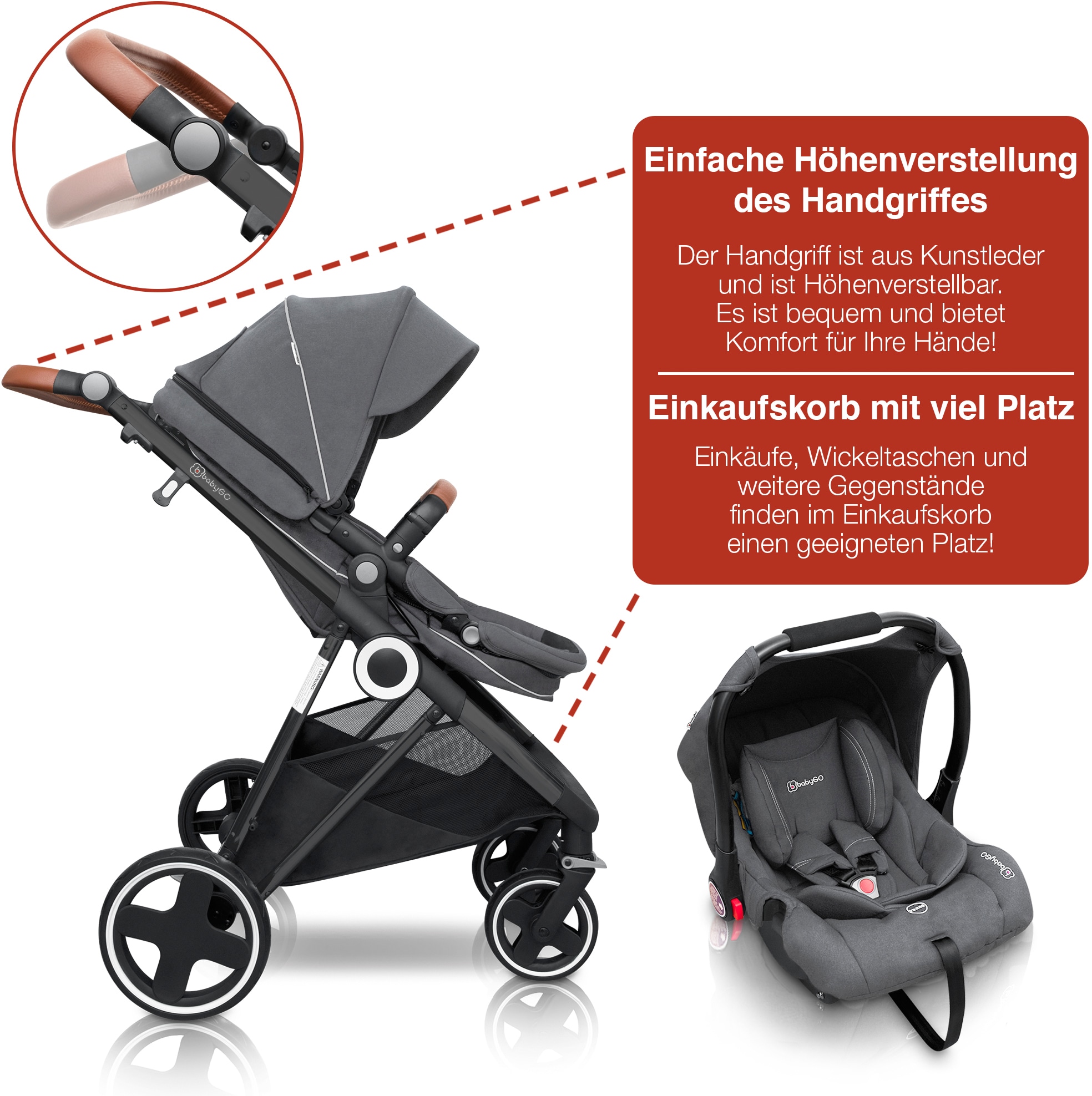 BabyGo Kombi-Kinderwagen »Halime 3in1«, inklusive Babywanne, Babyschale, Regenhaube & Wickeltasche