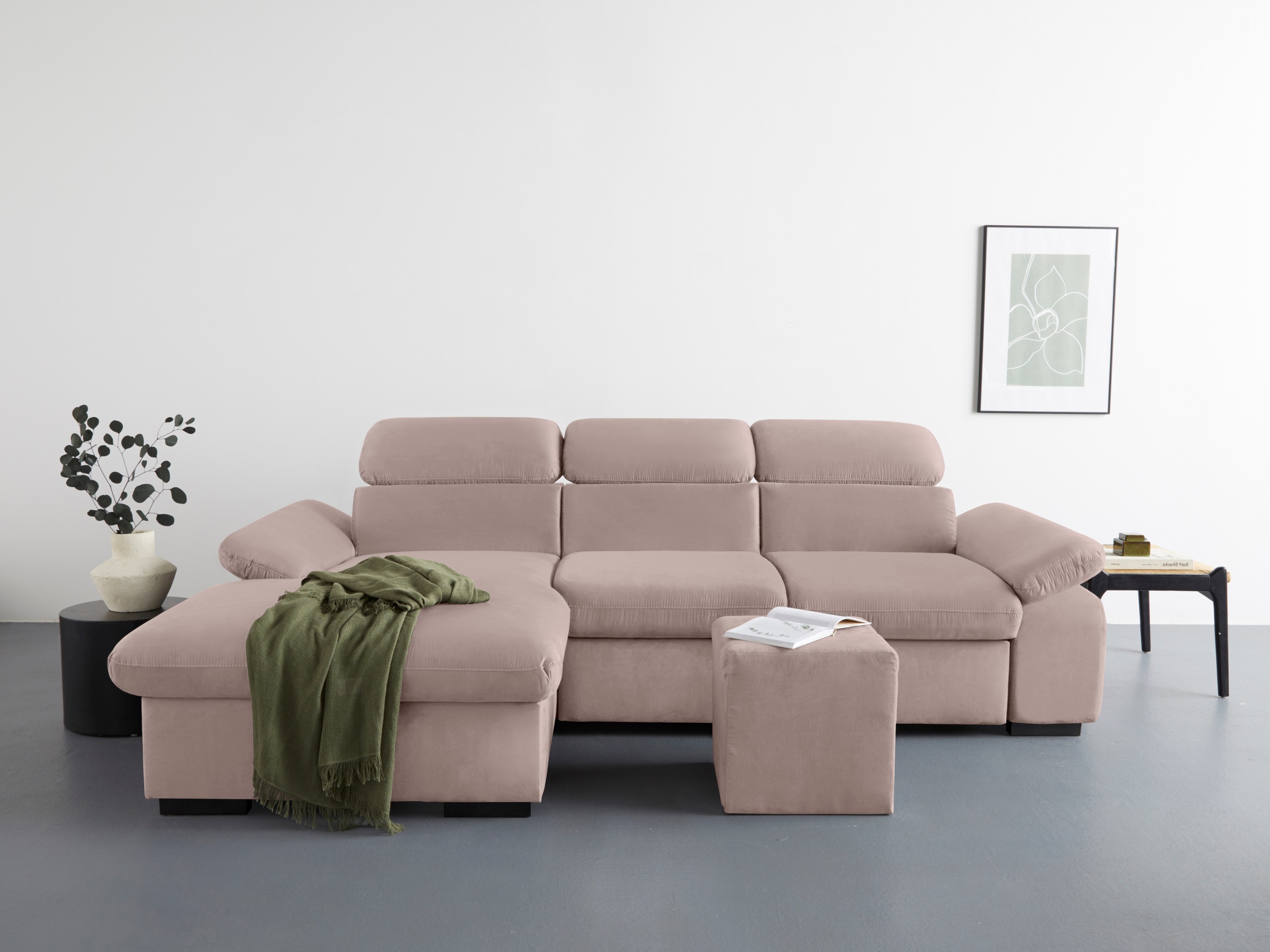 COTTA Ecksofa »Lola L-Form mit Kopfteilfunktion & Hocker«, (Set, mit Hocker), wahlweise mit Bettfunktion, Bettkasten & Armteilverstellung