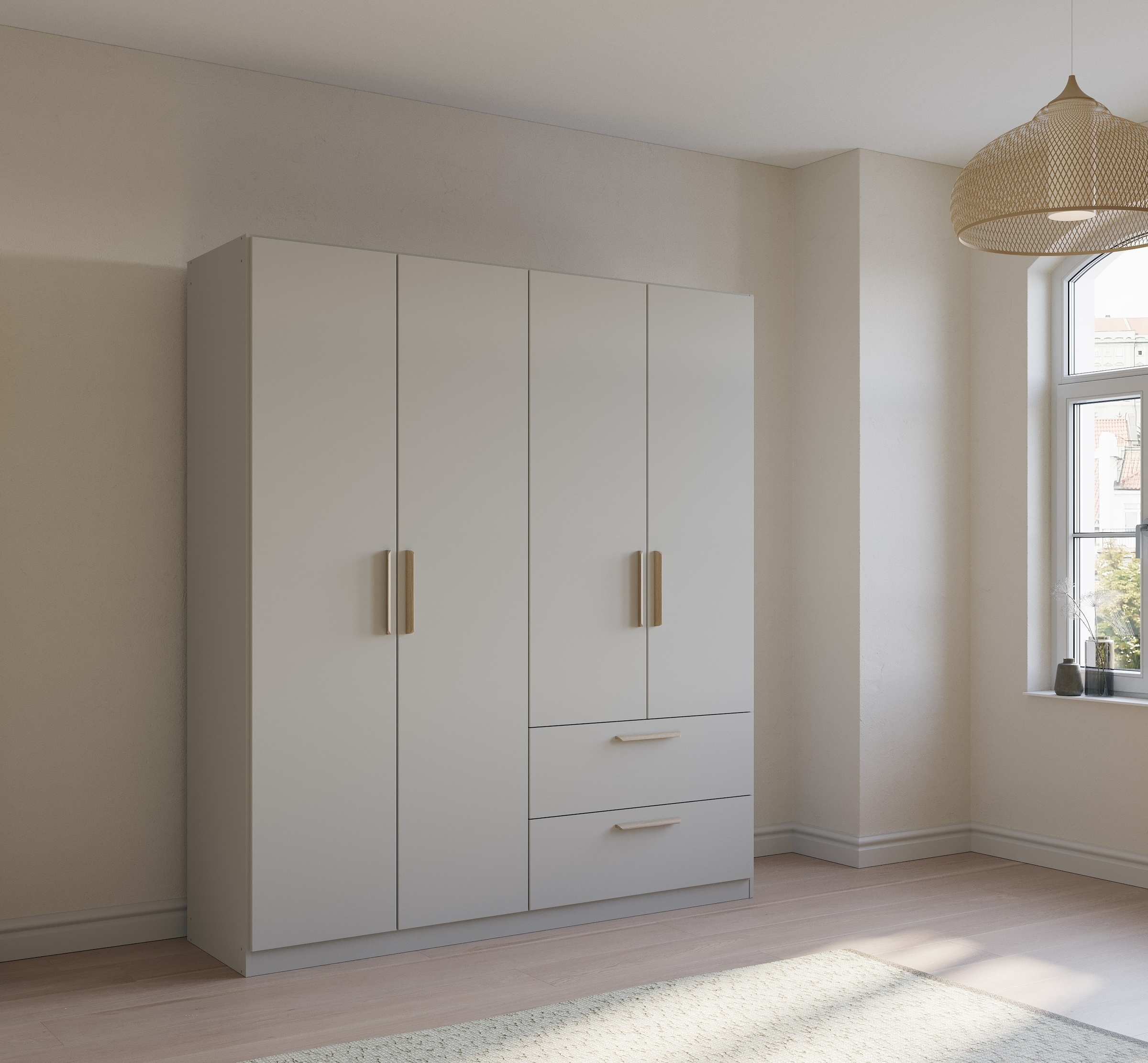 rauch Kleiderschrank »Skandi by Quadra Spin Schlafzimmerschrank«, im Landhaus-Stil mit Massivholzgriffen aus Wildeiche, mit Schubladen