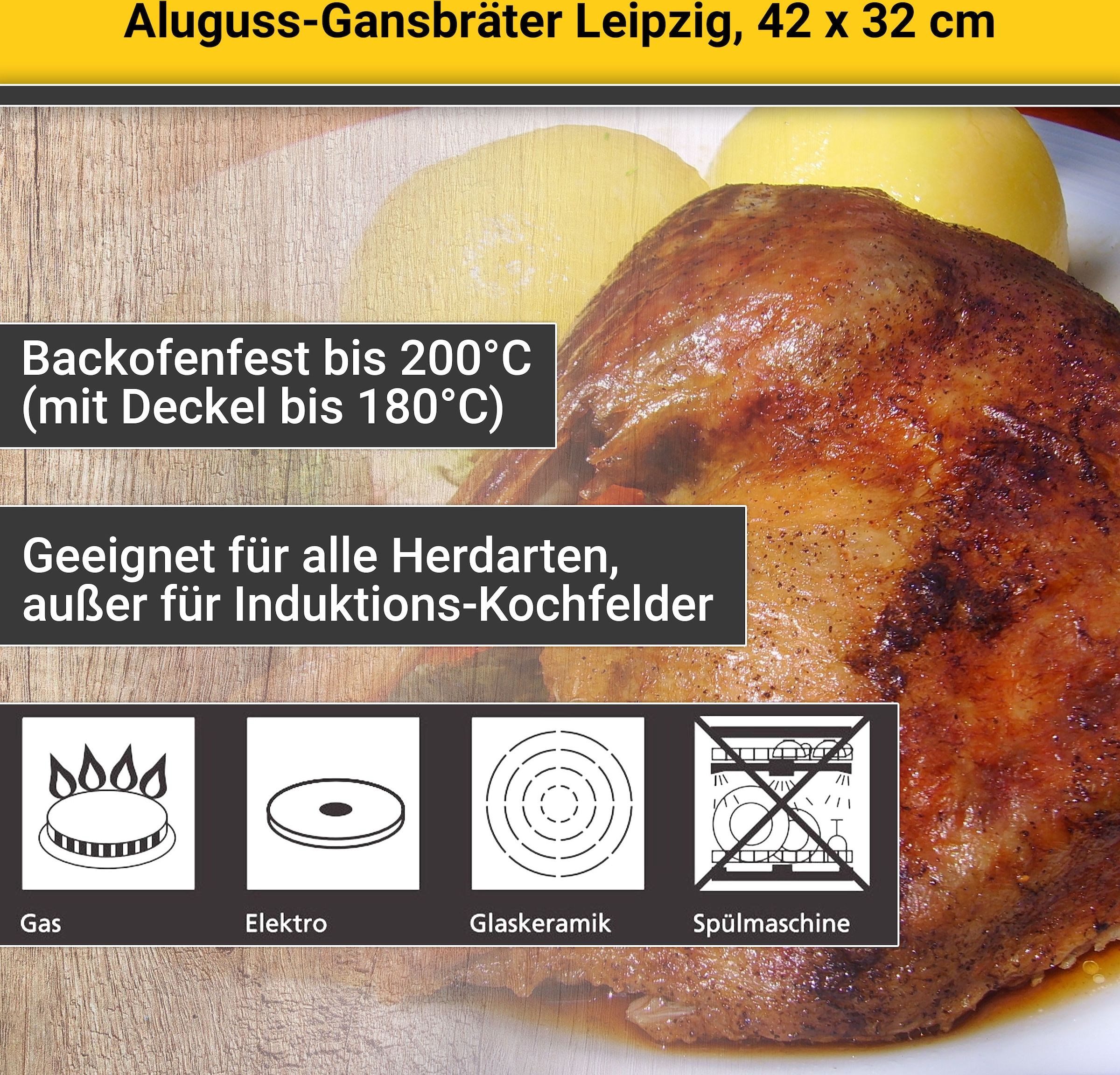 Krüger Bräter »Aluguss Gansbräter mit Glasdeckel und Aromaknopf LEIPZIG, 42x32x14 cm«, Aluminiumguss, (1 tlg.), hochwertige Antihaft-Versiegelung