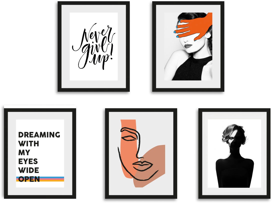 queence Bild »Dreaming«, Abstrakt-Kunst-Figuren-Gesicht-Sprüche & Texte-Motivationsbilder-Schwarz-Weiß-Frau-Bilder von Frauen, (5 St.), gerahmt