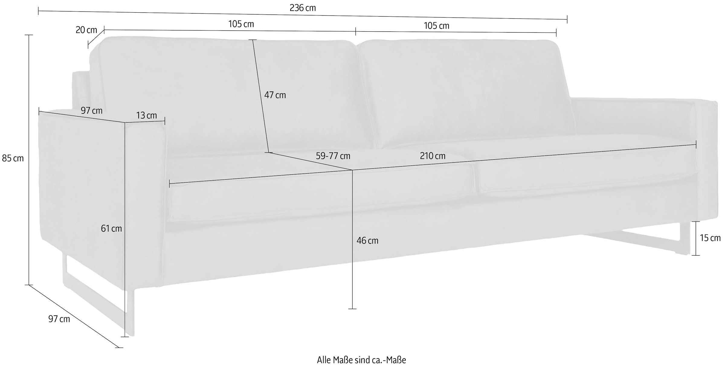 OTTO home 3-Sitzer »Maxi-Ausführung Pinto, 236 cm, Cord, Chenille, Lederoptik« mit Keder, schwarze Metallfüße, Wellenunterfederung
