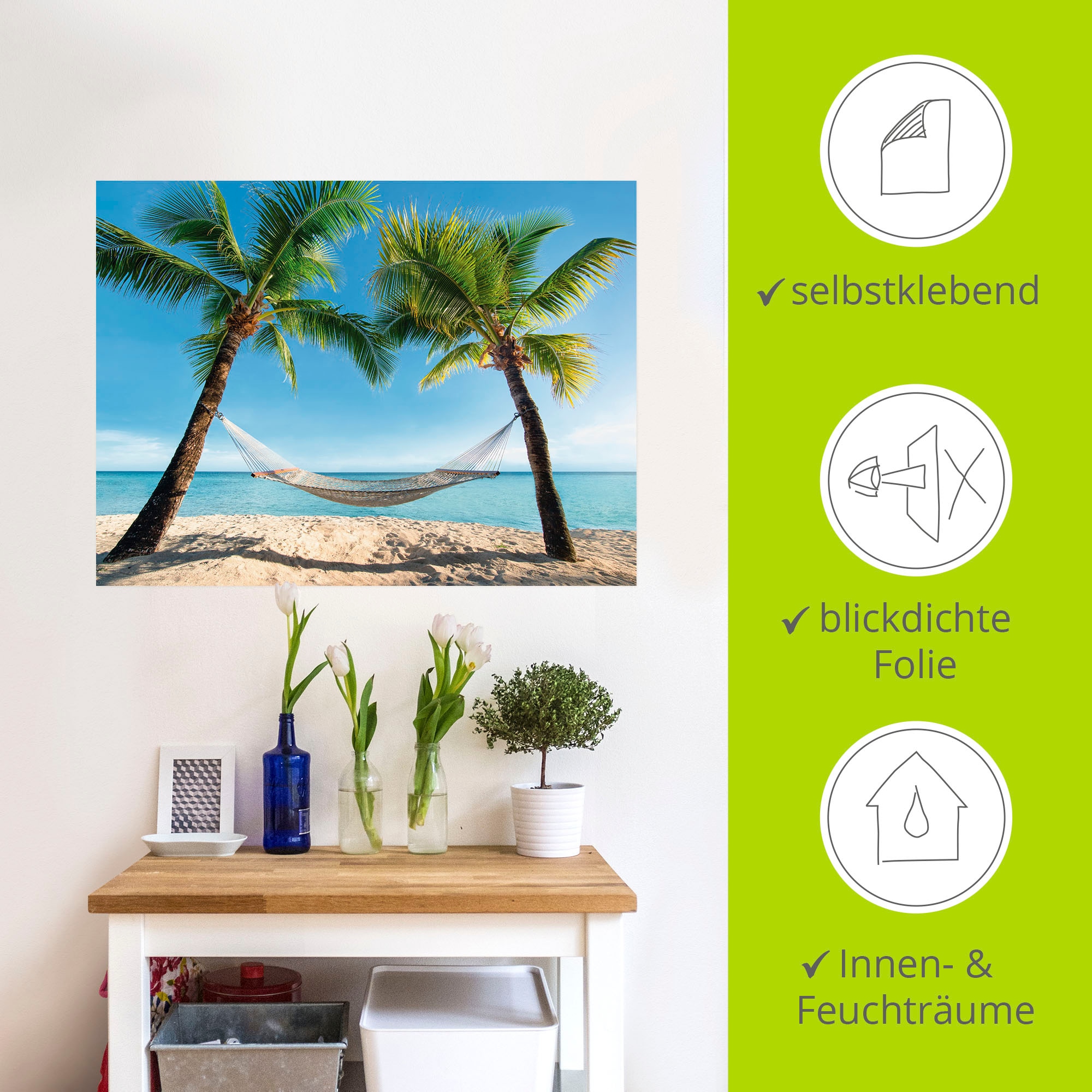 Artland Wandbild »Palmenstrand Karibik mit Hängematte«, Amerika, (1 St.), als Leinwandbild, Poster, Wandaufkleber in verschied. Größen