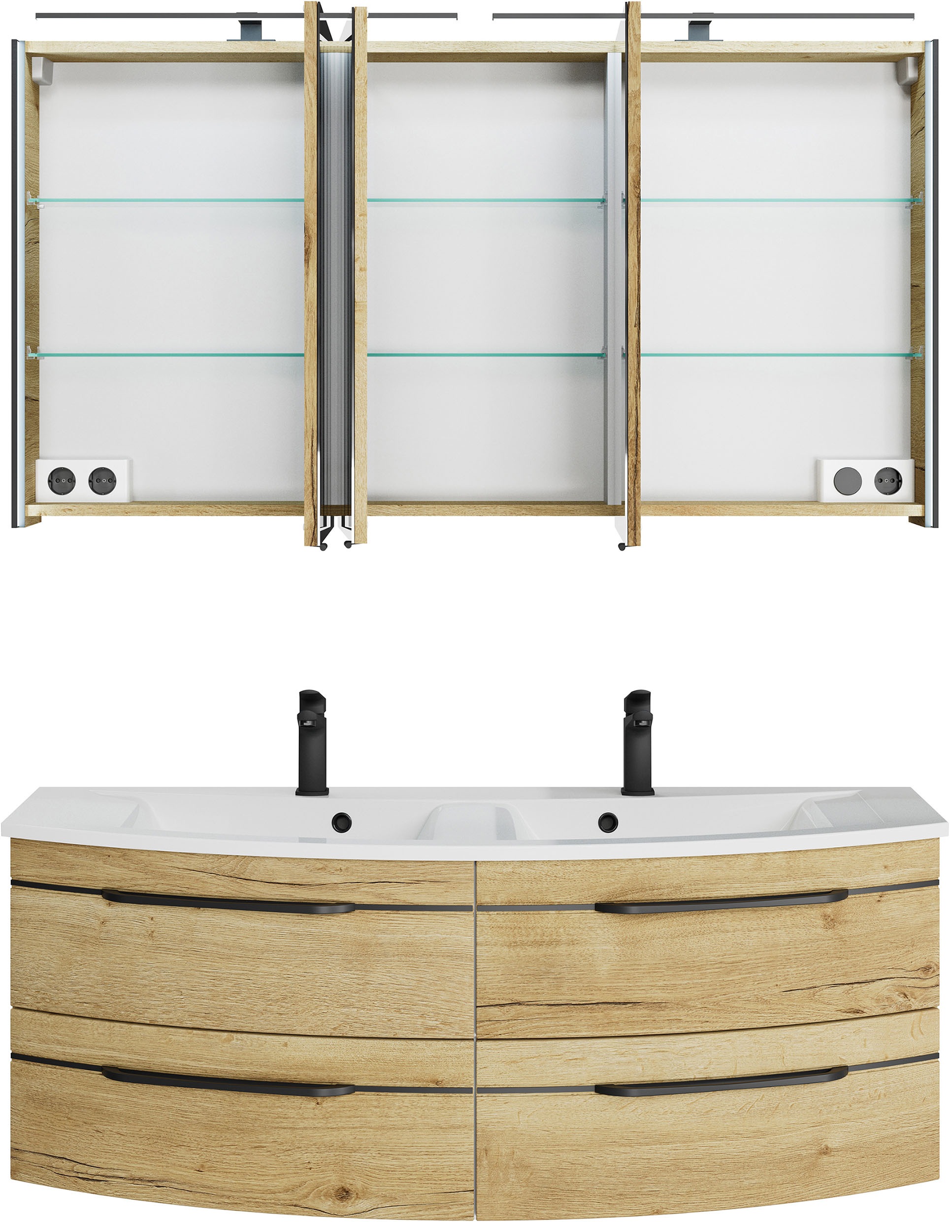 Saphir Badmöbel-Set »Badezimmer-Set 133,2 cm breit, inkl. Türdämpfer, 3 Türen, 4 Schubladen«, (Set, 2 St.), Serie 7045 2-teilig Mineralmarmor-Doppelwaschtisch, LED-Spiegelschrank