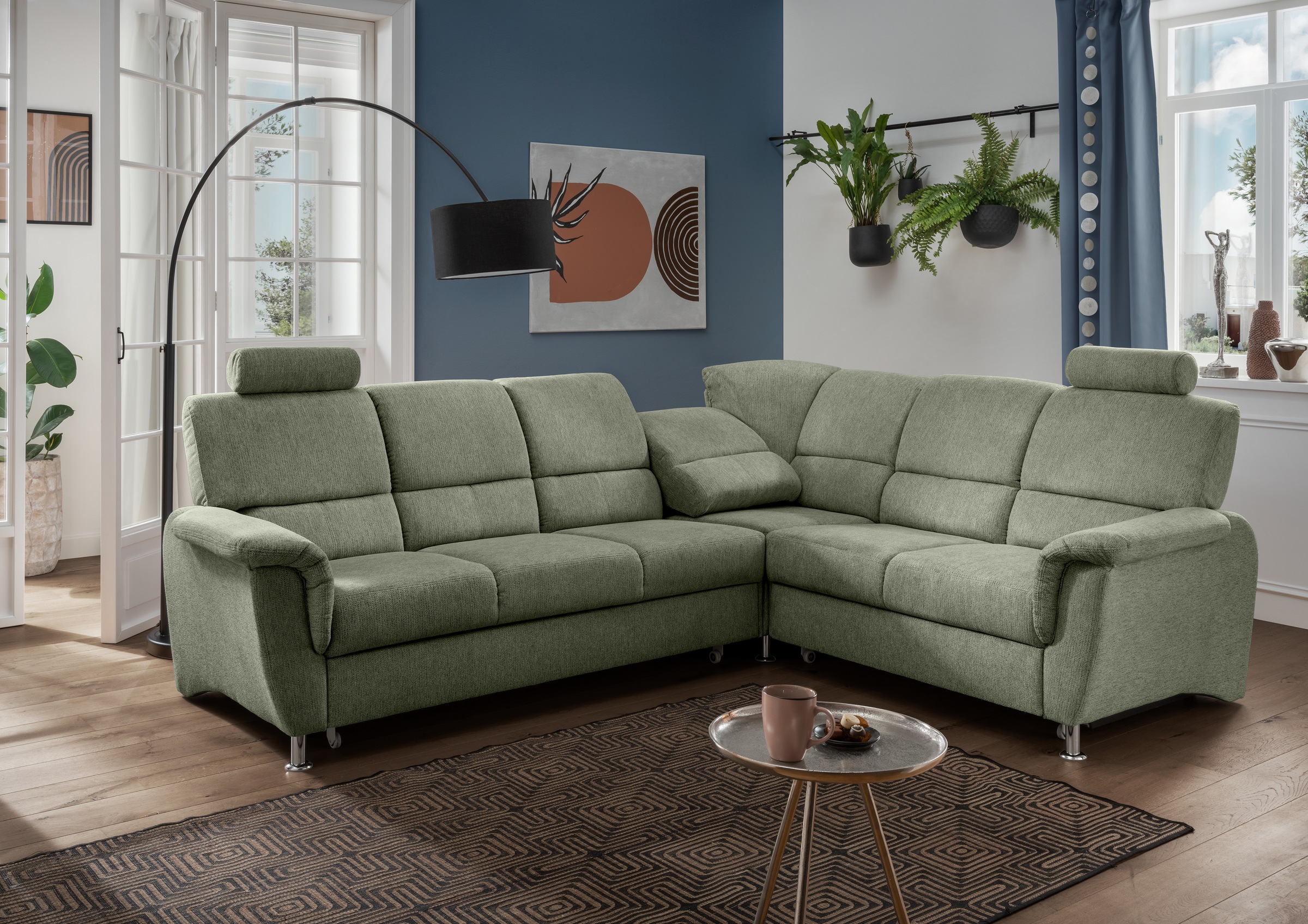 Home affaire Ecksofa »Pisa L-Form, mit Schlaffunktion, Stauraum, 2x höhenverstellbare«, Kopfstützen und Relaxfunktion im Eckelement