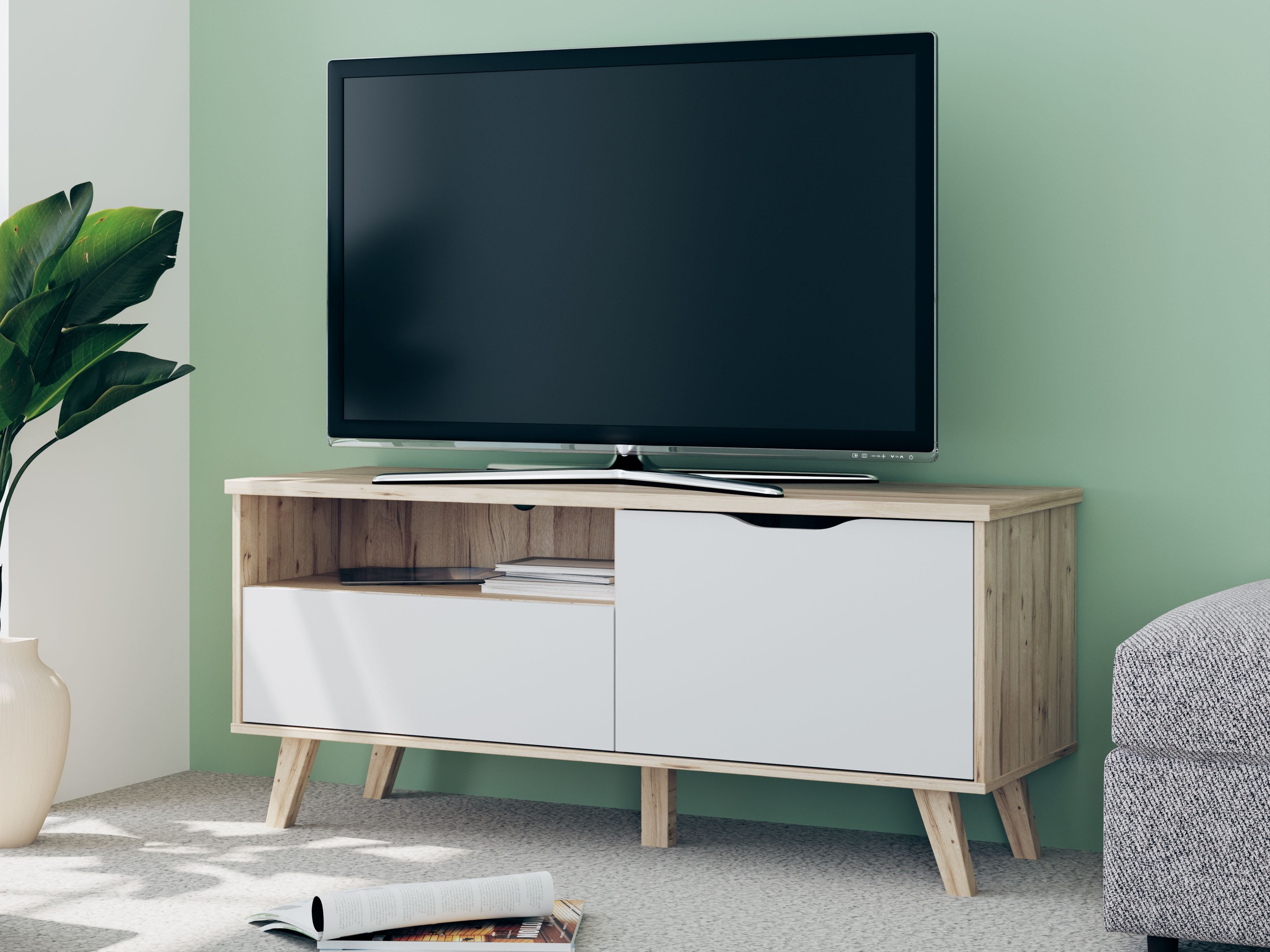 FORTE Lowboard »Vankka TV-Bank, TV-Board«, (B/H/T 124,4/54,3/41,7 cm), TV-Teil, ca. 125 cm breit, viel Stauraum, Echtholzbeine