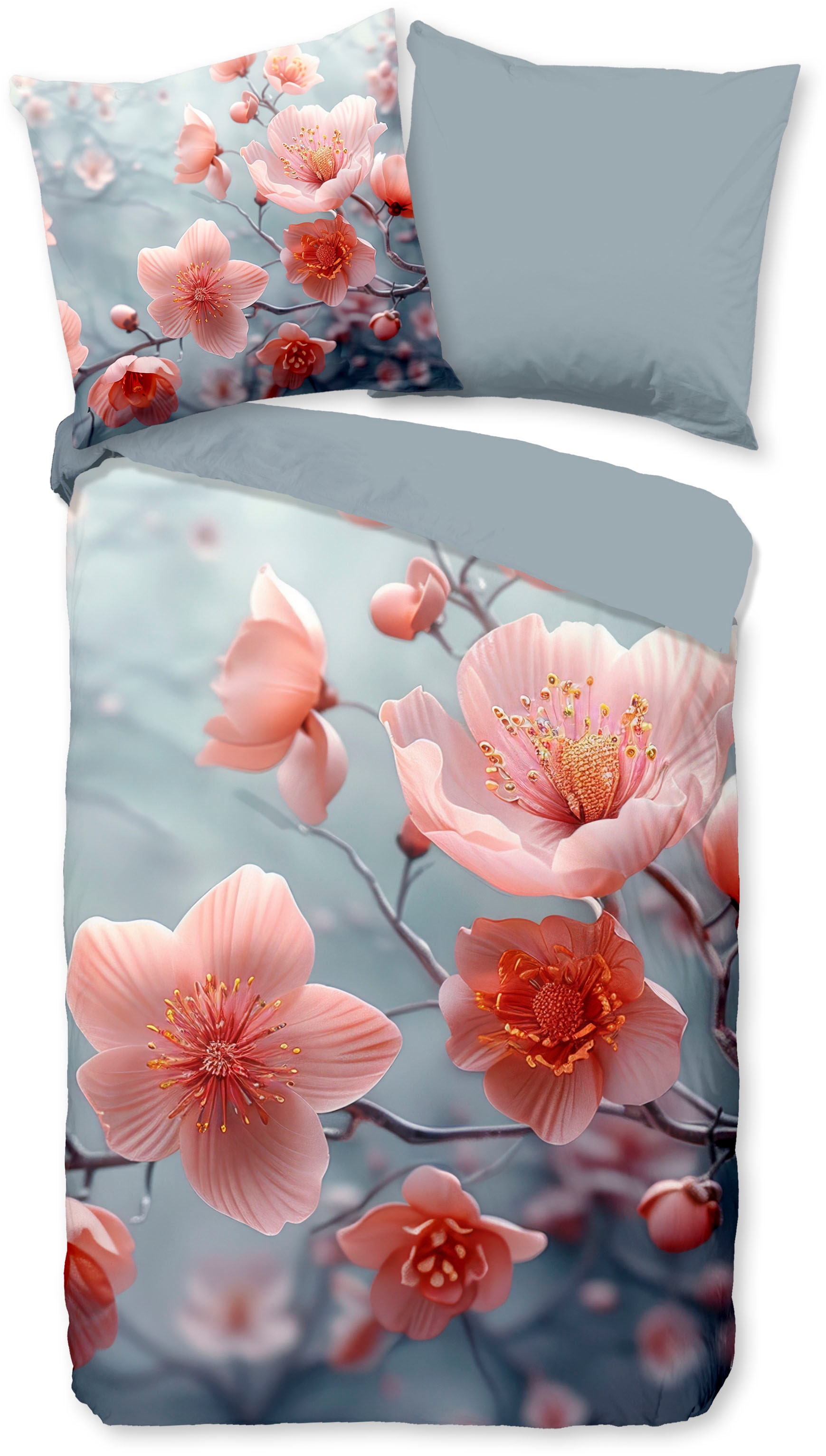 good morning Wendebettwäsche »Sartre«, Baumwolle, Renforcé, 135x200, Reißverschluss, Wendeoptik, Blumen, Grau