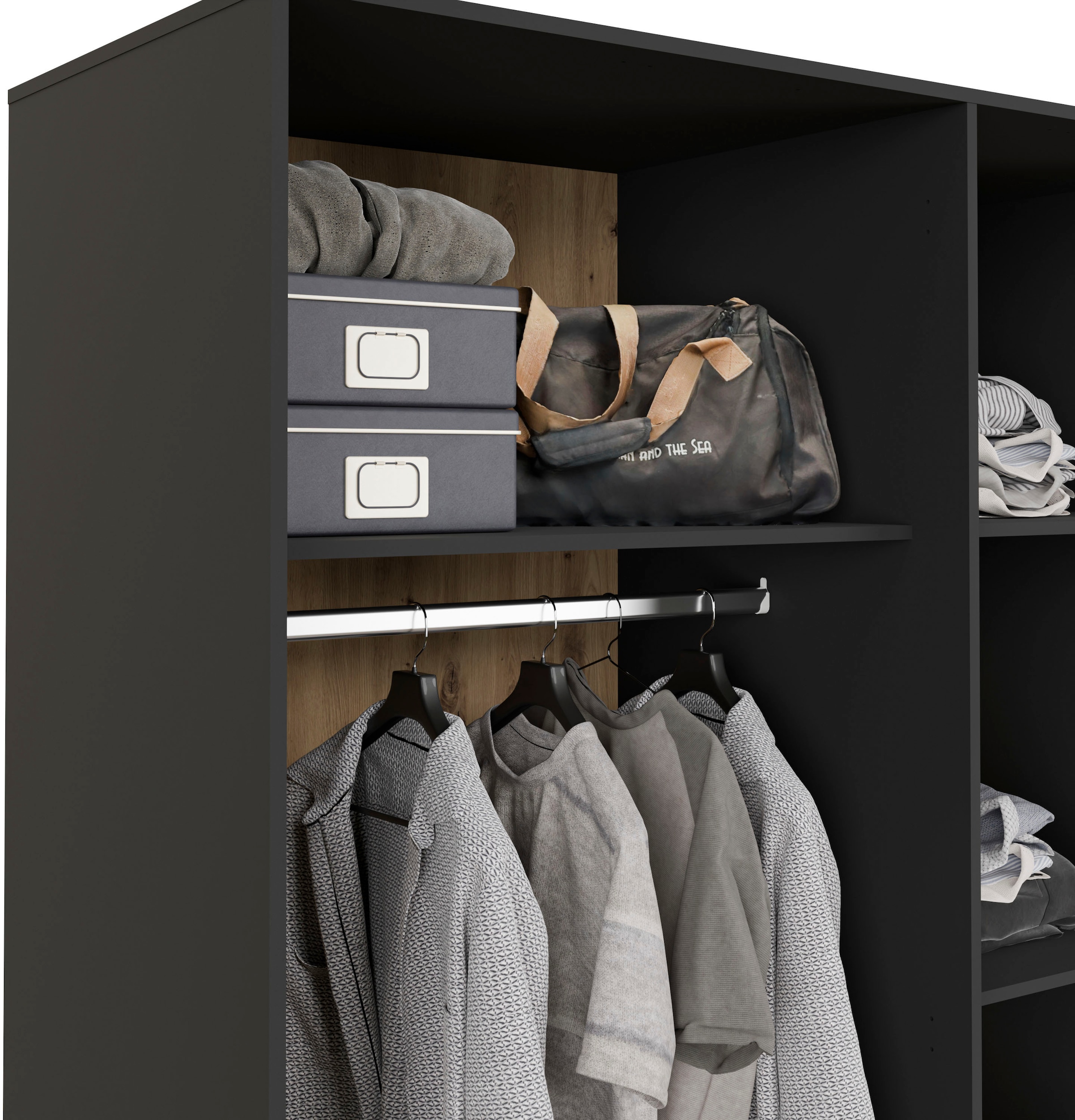 FORTE Drehtürenschrank »Mokkaris, TOPSELLER! 3 oder 4 Türen, zeitloses Design«, (BHT ca. 145x200x59cm oder BHT ca. 206x200x59cm), Schubladen + schwarze Stangengriffe, Made in Europe, viel Stauraum