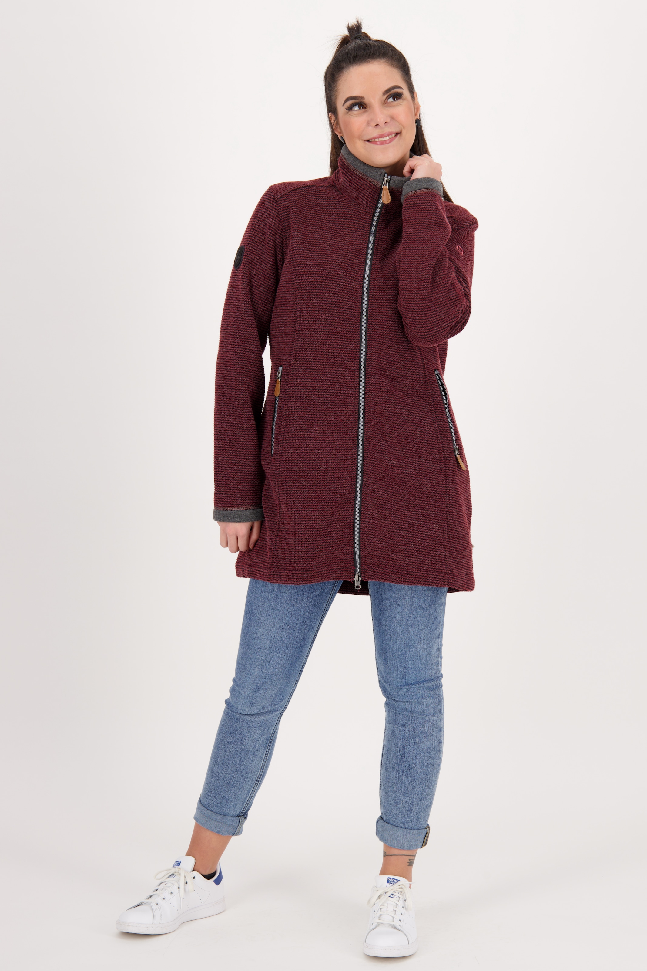 DEPROC Active Strickmantel »AMYWOOD LONG«, außergewöhnlicher Feinstrickmantel mit Kontrastdetails