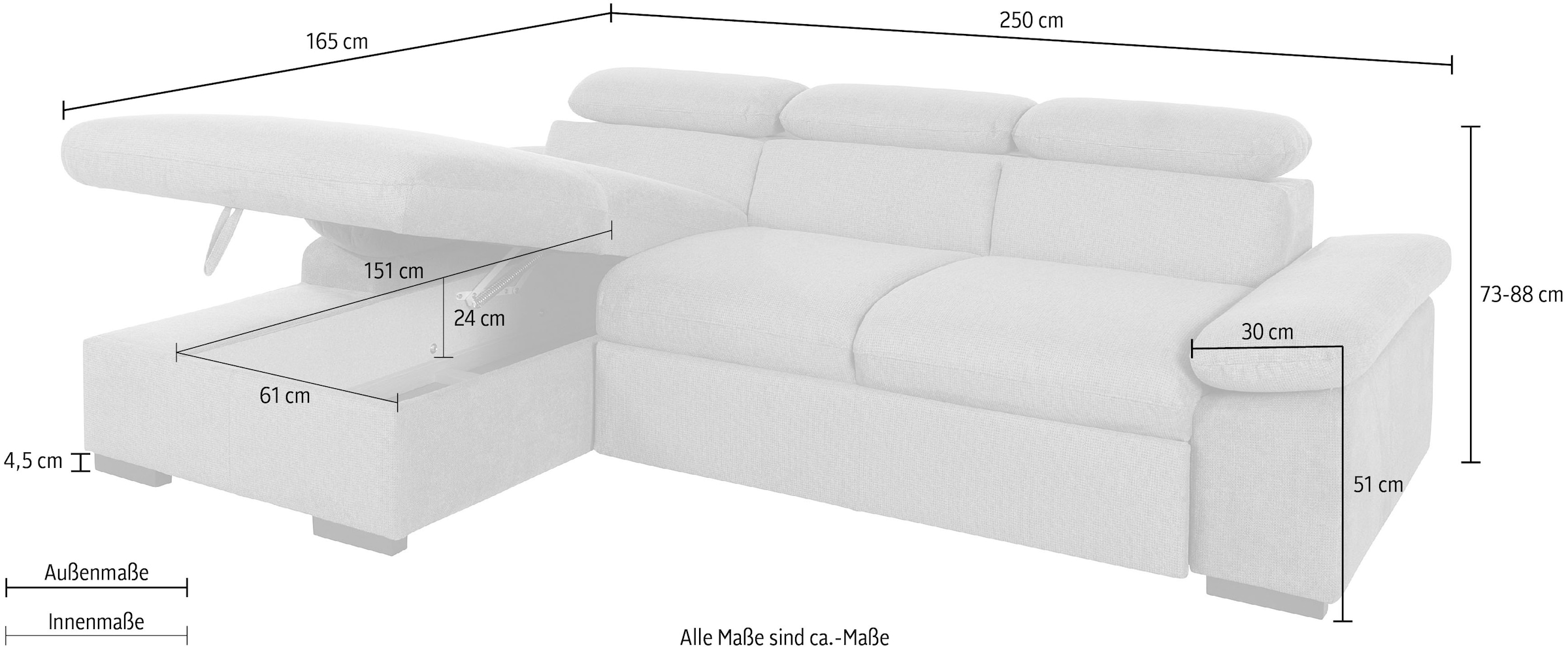 COTTA Ecksofa »Lola L-Form mit Kopfteilfunktion & Hocker«, (Set, mit Hocker), wahlweise mit Bettfunktion, Bettkasten & Armteilverstellung