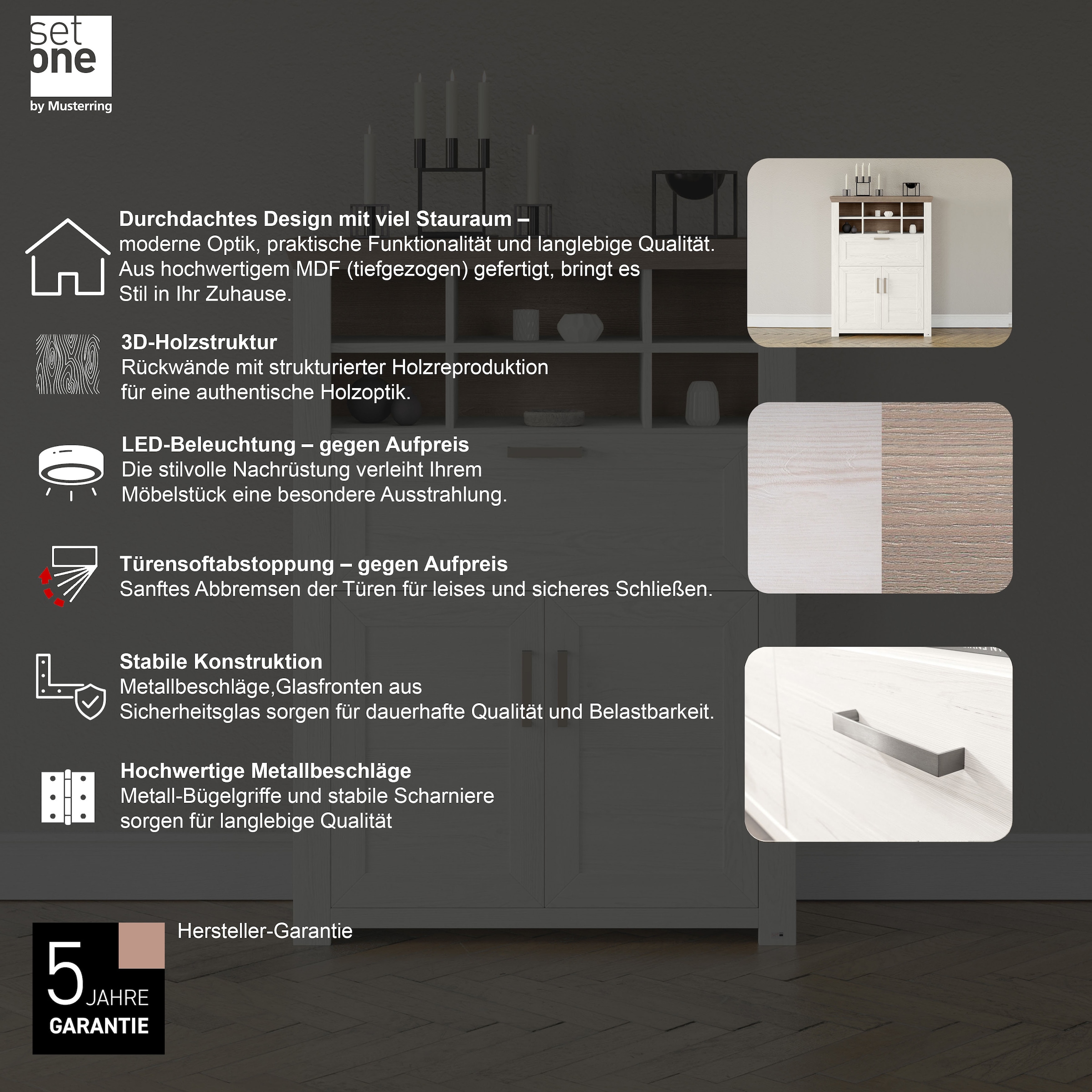 set one by Musterring Highboard »York« Typ 15, mit Holztüren und Klappe, Beleuchtung optional, Breite 105 cm