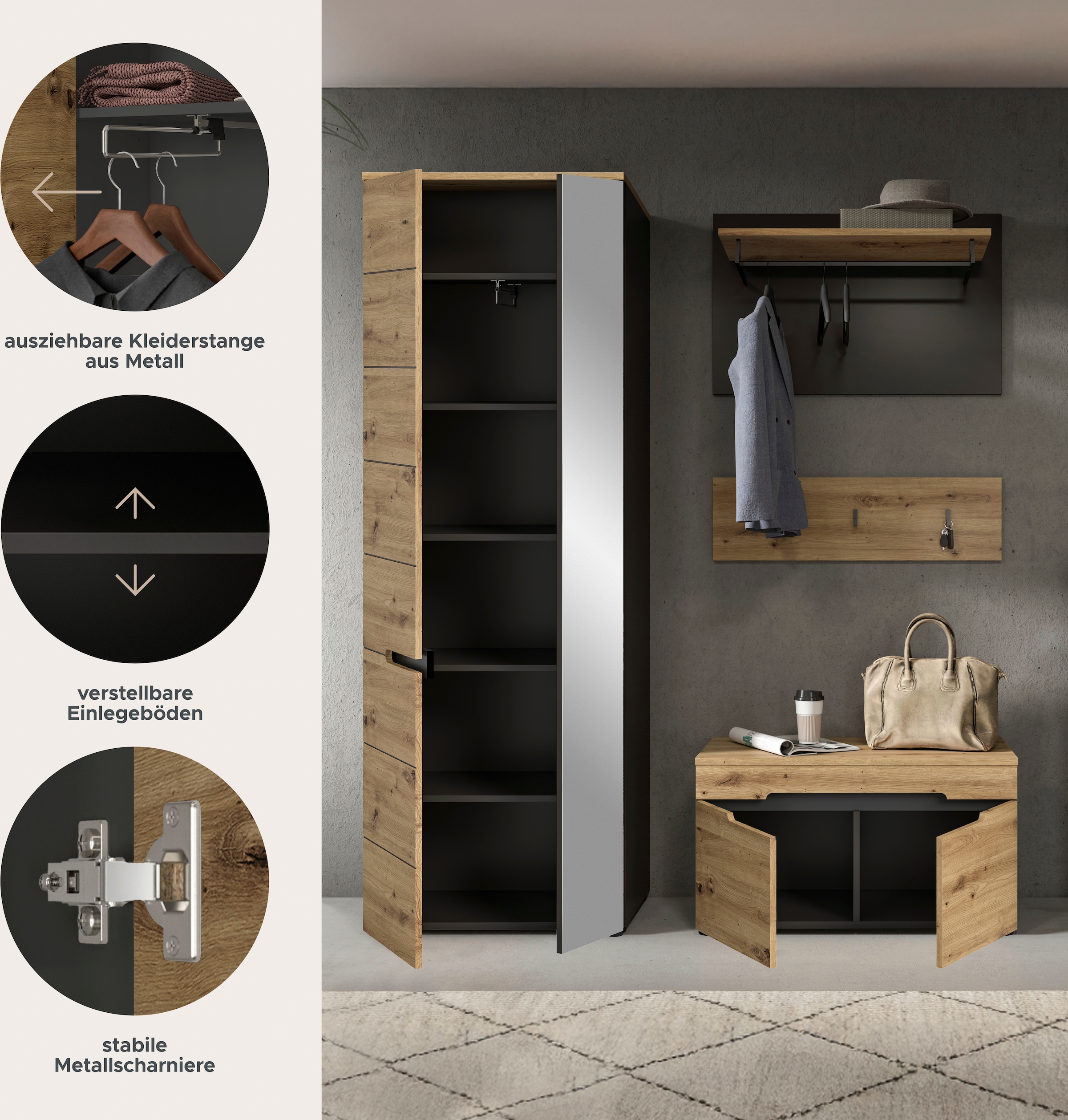 Home affaire Garderoben-Set »REHAT, TOPSELLER!, 4-teilig, Breite 160cm, individuell stellbar« bestehend aus: Garderobenschrank, Sitzbank, Paneel, Hakenleiste, 3 Stk. tlg.