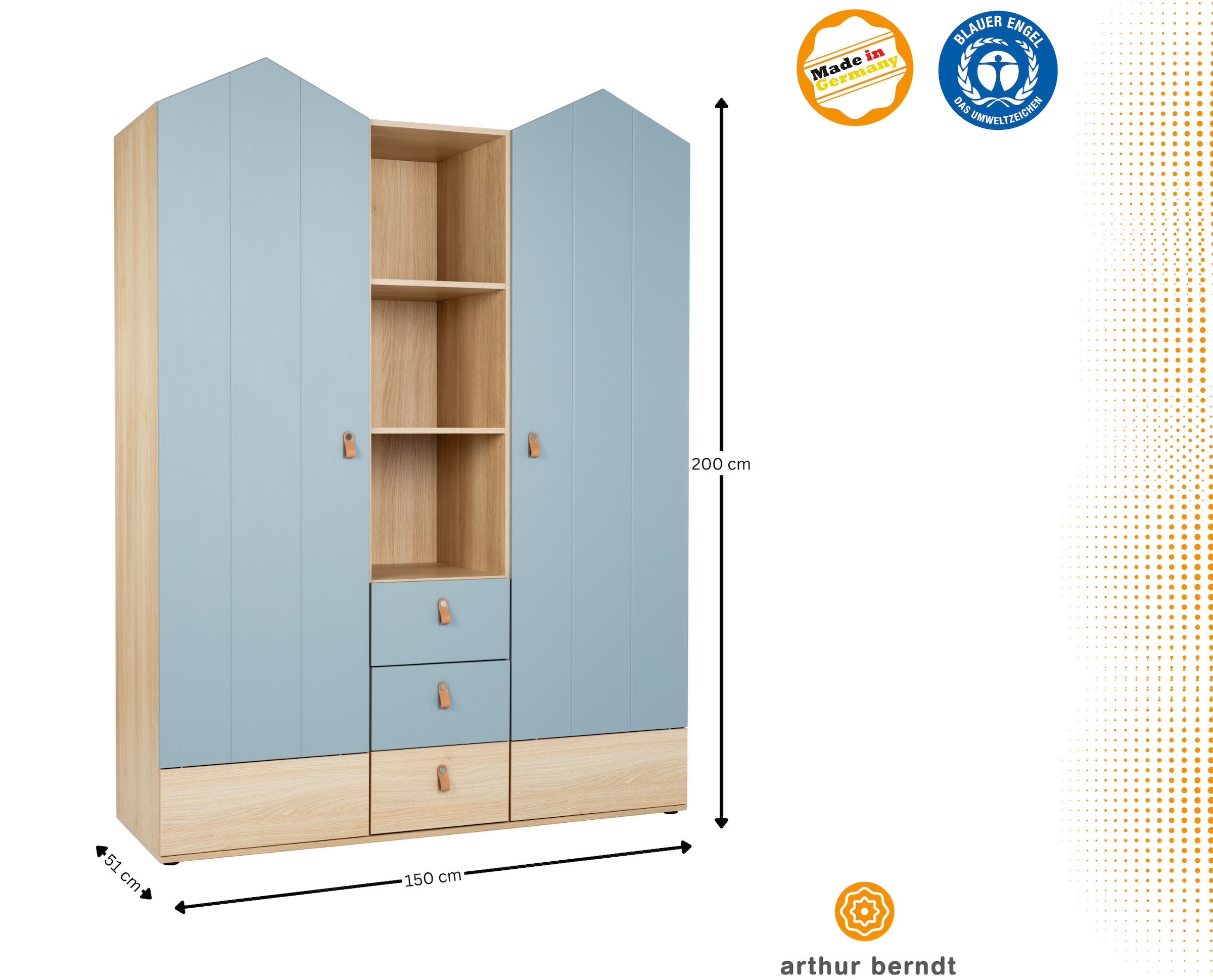 arthur berndt Babyzimmer-Komplettset »Babyzimmer-Set »Roofy« 3-teilig mit 2-türigem Kleiderschrank«, (Set, 3 tlg., Babymöbel-Set »Roofy« Kleiderschrank,Kinderbett+Wickelkommode)
