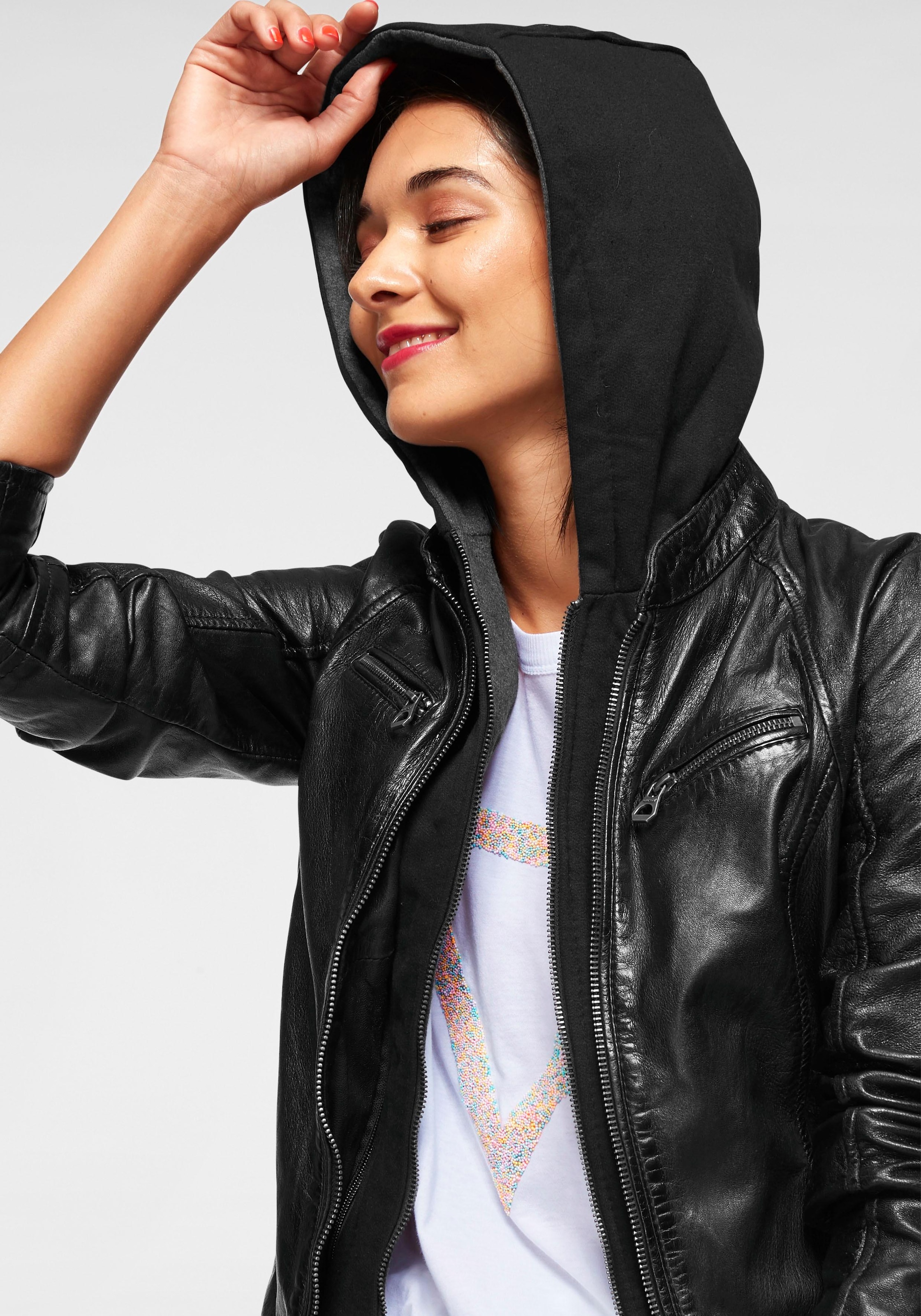 Mauritius Lederjacke »NOLA«, mit Kapuze, Two-in-One Style - mit abnehmbarer Jersey-Kapuze