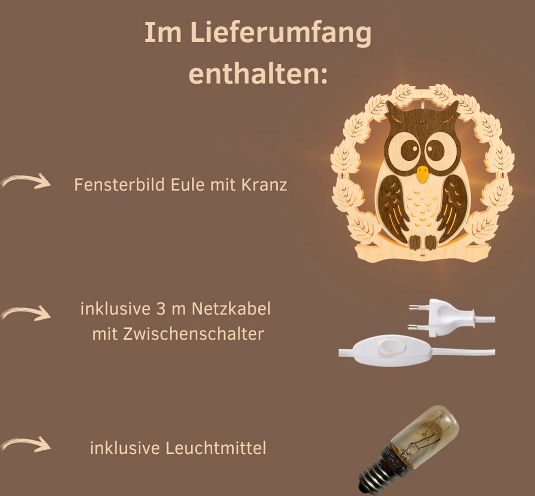 Weigla Beleuchtetes Fensterbild »Eule mit Kranz,Fensterdekoration aus Holz, NATUR-BRAUN,Made in Germany« Erzgebirge garantiert, Herbstdeko Innen, Fensterbeleuchtung