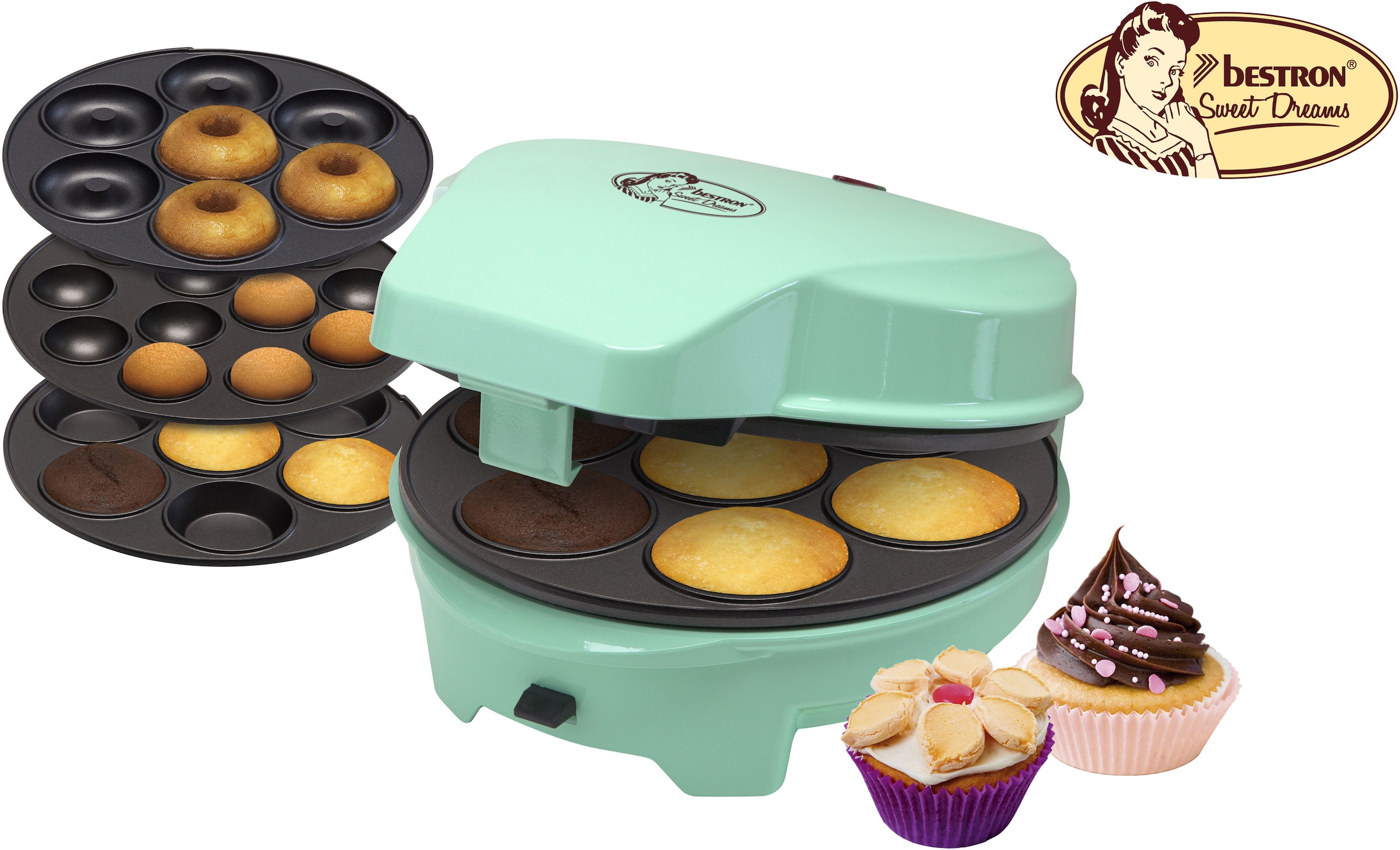bestron Muffin-Maker »Sweet Donut-, XXL im antihaftbeschichtet, und 3 Garantie Retro Backplatten, Cupcake- Dreams«, Farbe: auswechselbaren Maker, W, 3 mit 700 Design, Jahren Mint mit Cakepop