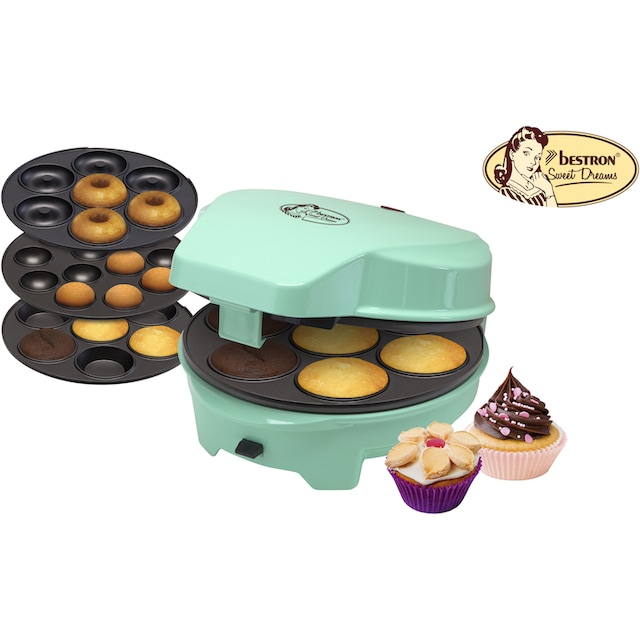 bestron Muffin-Maker »Sweet Dreams«, 700 W, im Retro Design, mit 3  auswechselbaren Backplatten, Donut-, Cupcake- und Cakepop Maker,  antihaftbeschichtet, Farbe: Mint mit 3 Jahren XXL Garantie