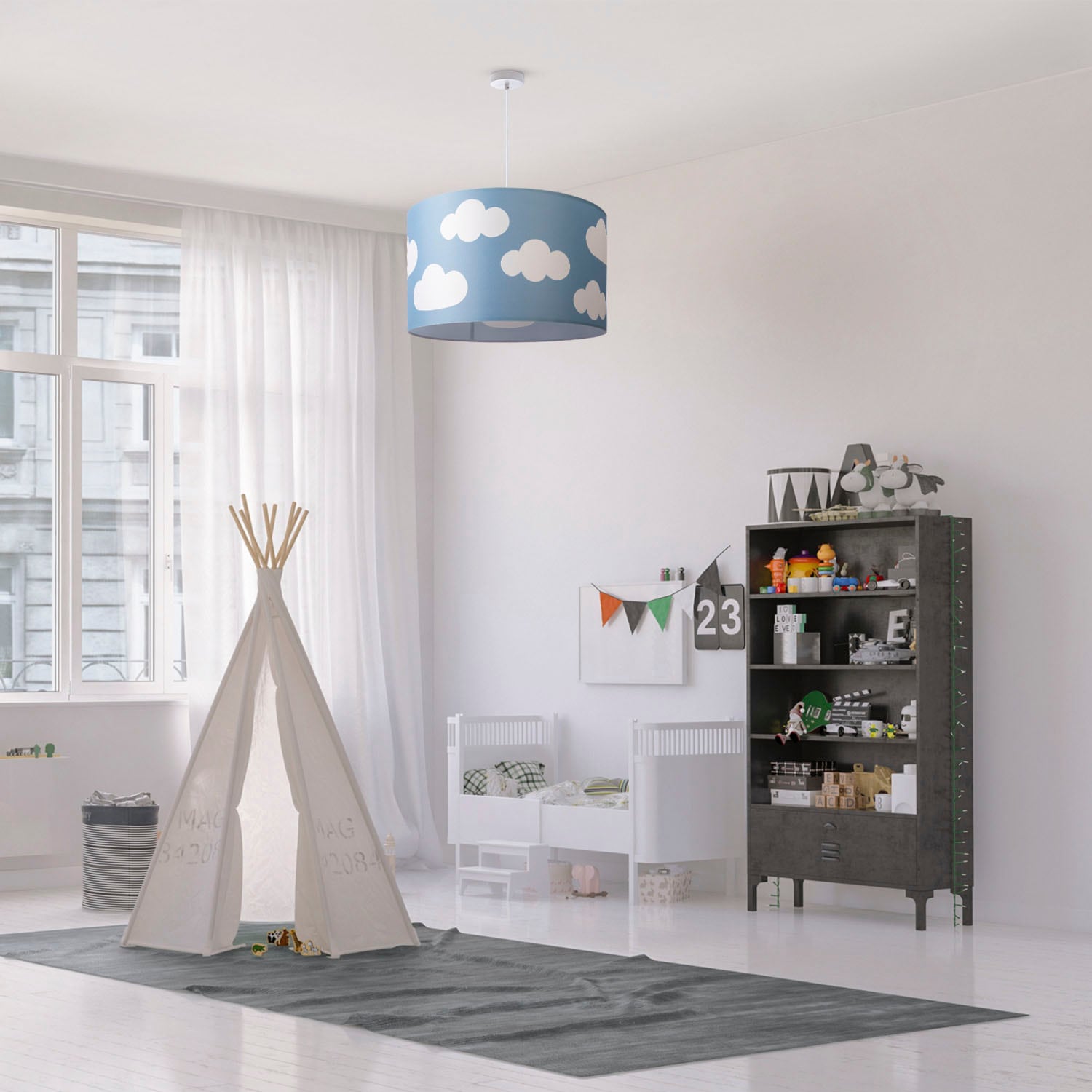 Paco Home Pendelleuchte »Hugo Cosmo« E27 Pendellampe Kinderzimmer  Wolken Himmel Stoff Lampenschirm Rund E27