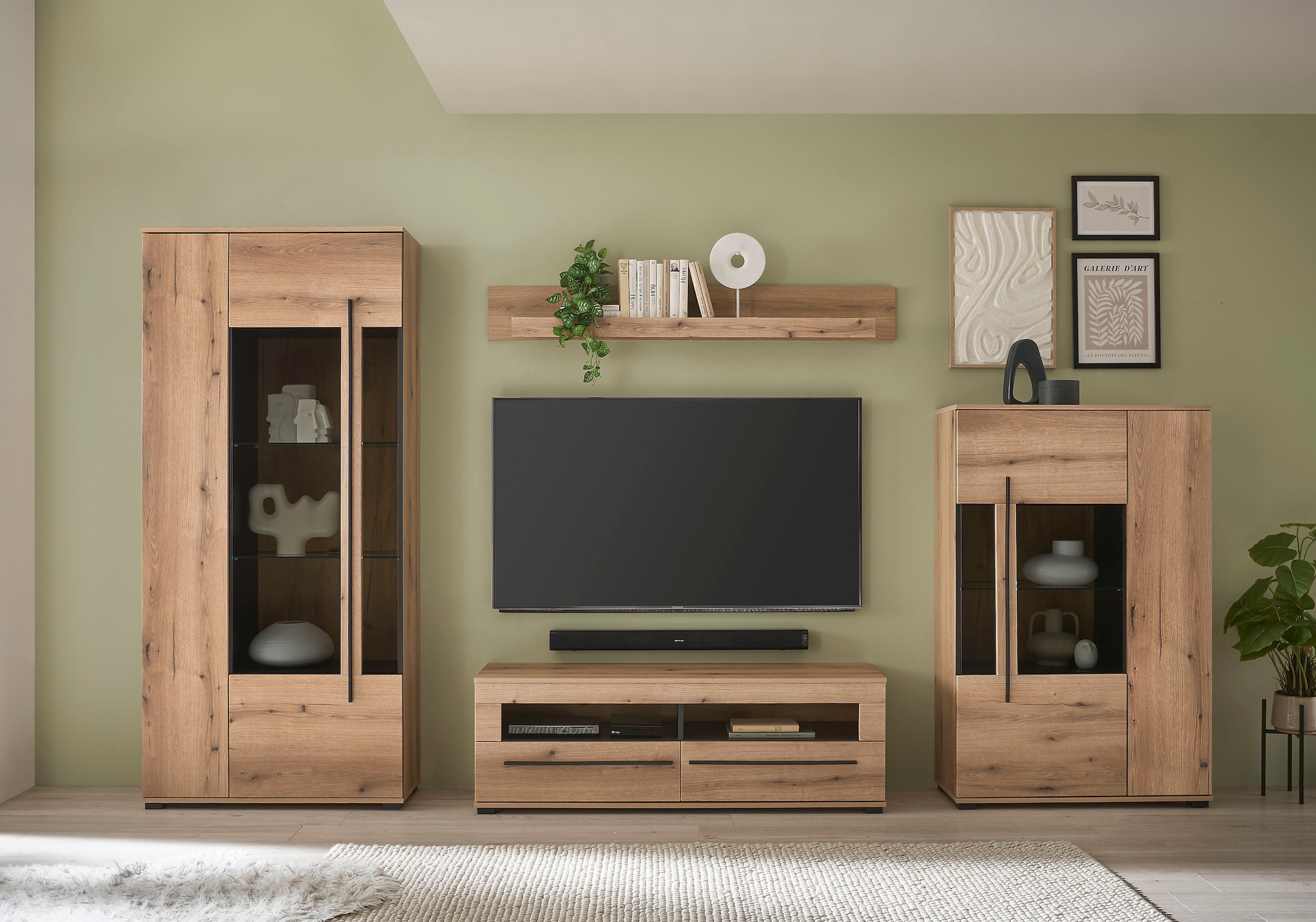 Home affaire Vitrine »Cantara, Vitrinenschrank in Eiche Evoke oder weiß, Standvitrine« schwarzer Stangengriff, ausreichend Stauraum, vielseitig einsetzbar