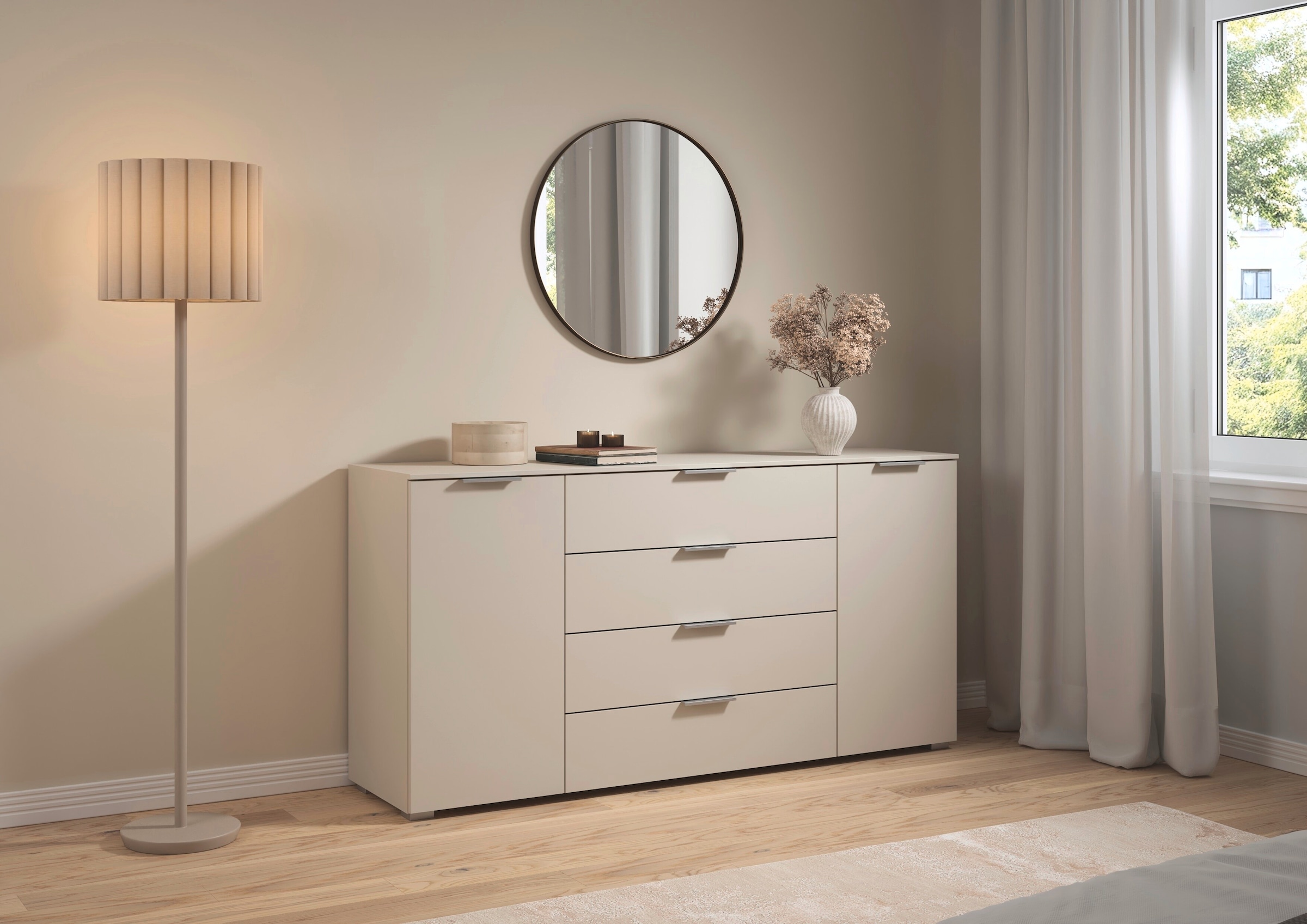 rauch Kombikommode »Sideboard Türkommode Schubladenkommode Kommode ASTANA« Breite 160 cm / Höhe 81 cm, mit 4 Einlegeböden,  2-türig, 4 geräumige Schubladen, Kantengriff Alufarben MADE IN GERMANY