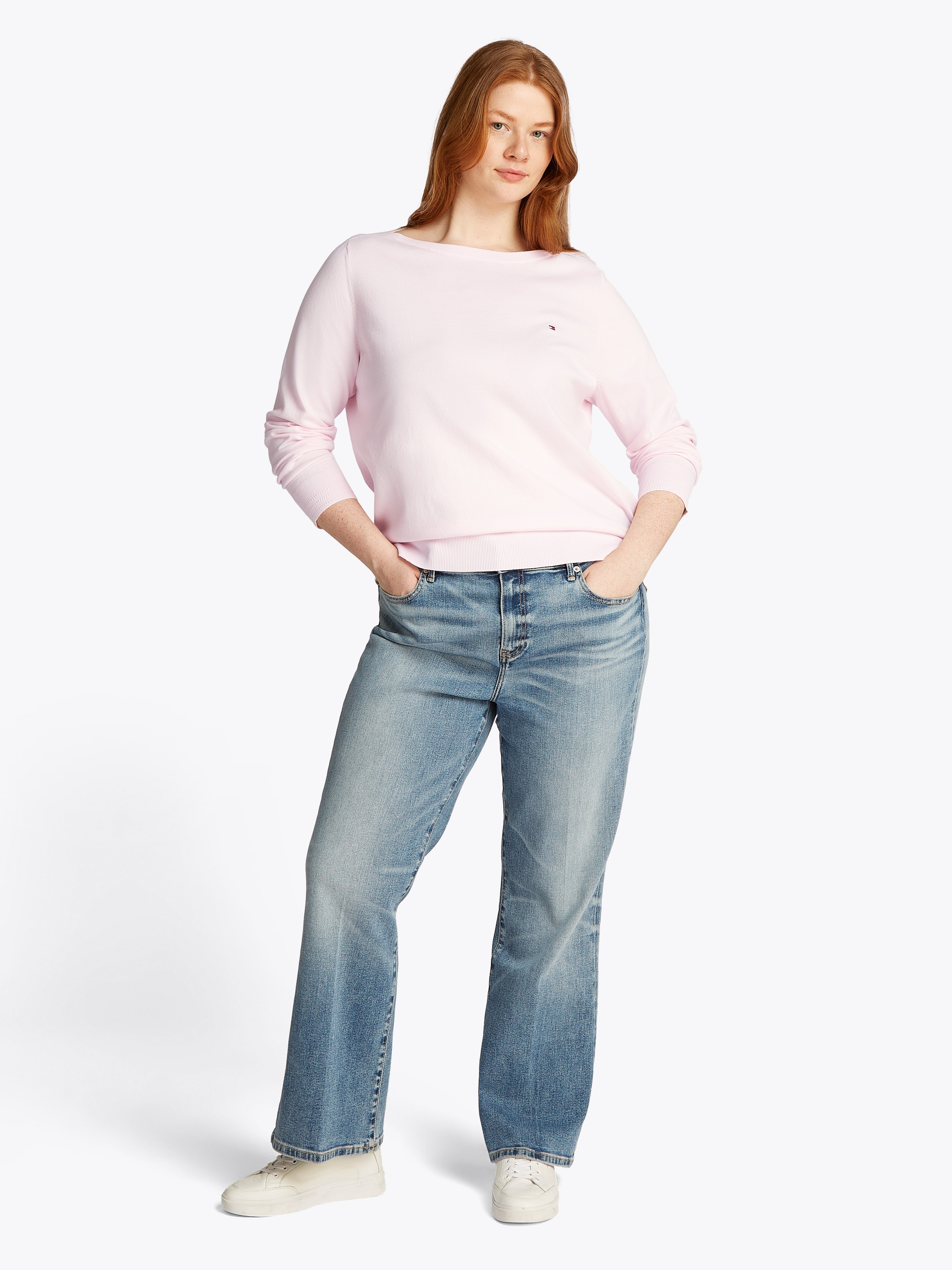 Tommy Hilfiger Curve Strickpullover »CRV CO JERSEY STITCH LS B-NK SWT«, in Großen Größen, Logostickerei