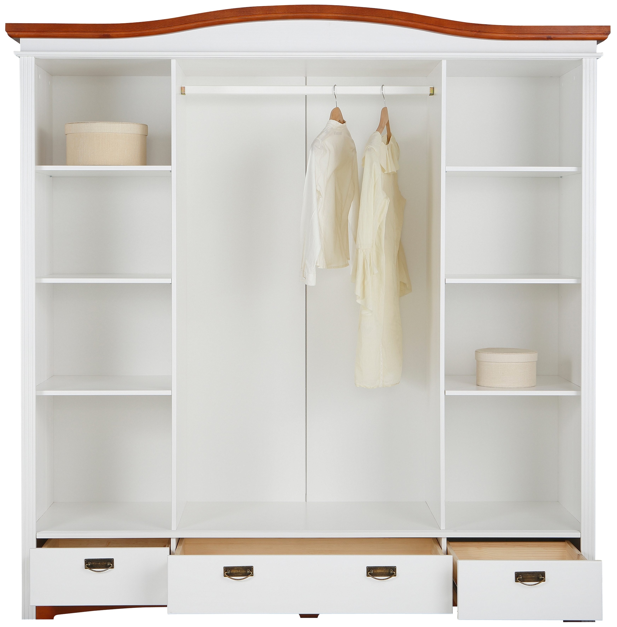 Home affaire Schiebetürenschrank »Konrad, Landhausstil, rustikal, mit Schubladen + Spiegel, Kassetten«, (3 Breiten: 153/202/249 cm H/T ca.207/64 cm), massive Kiefer, FSC®-zertifiziert, Messinggriffe, mehrere Varianten
