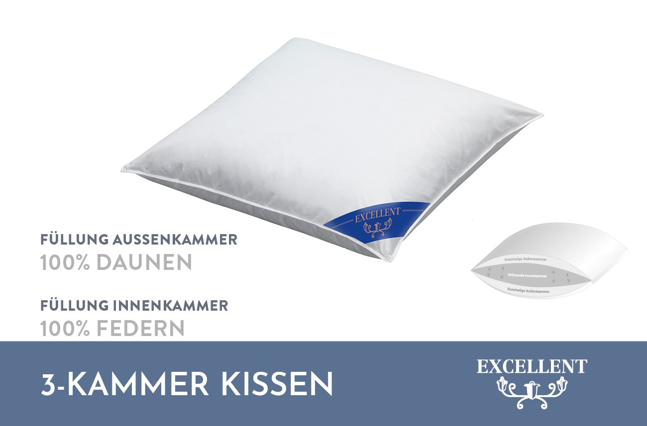 Excellent 3-Kammer-Kopfkissen »Kopfkissen "Venedig" Kissen mit Feder und Daunen Füllung. Kuschelig weiches Kopfkissen.«, Füllung: 100% Daunen (Außenkammer), Bezug: 100% Baumwolle, hergestellt in Deutschland, allergikerfreundlich