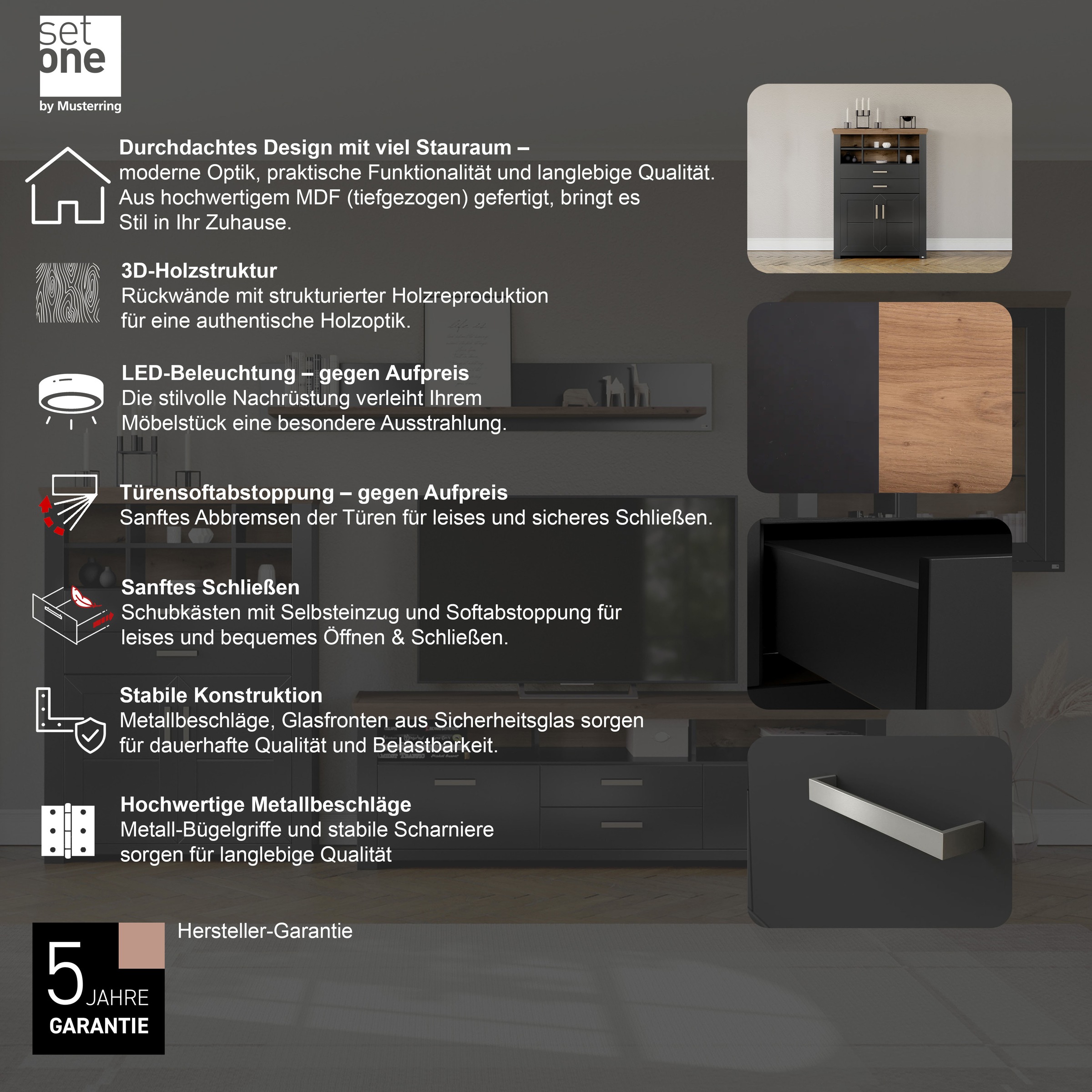 set one by Musterring Highboard »York«, Typ 16, mit Holztüren und Schubkasten, Beleuchtung optional, B 105 cm