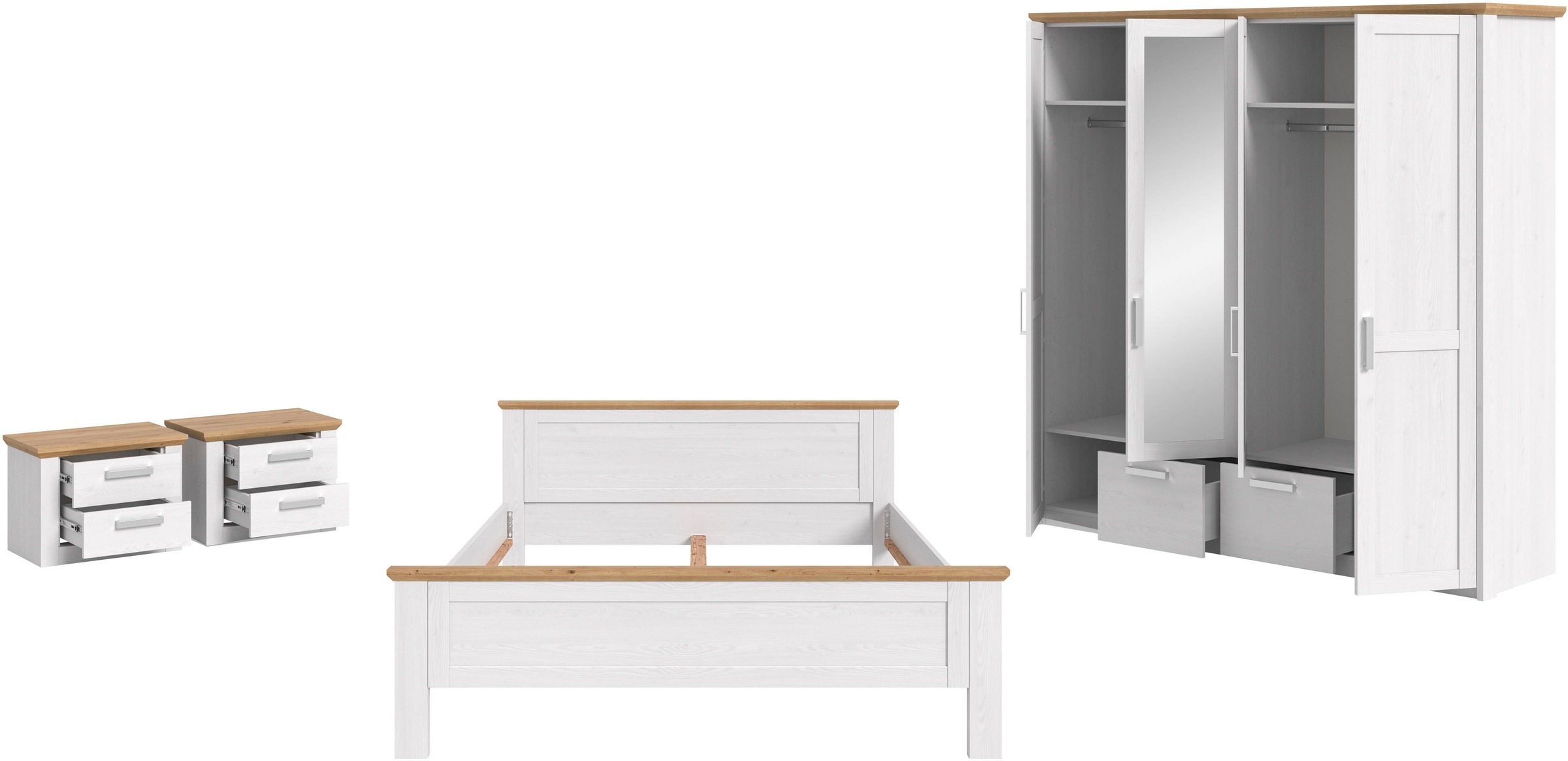 Home affaire Schlafzimmer-Set »COSENZA, 4-tlg., Kleiderschrank, Bettgestell & Nachttische« Matratzengröße 180x200 cm, viel Stauraum, ohne Lattenrost & Matratze, 4 tlg. tlg.