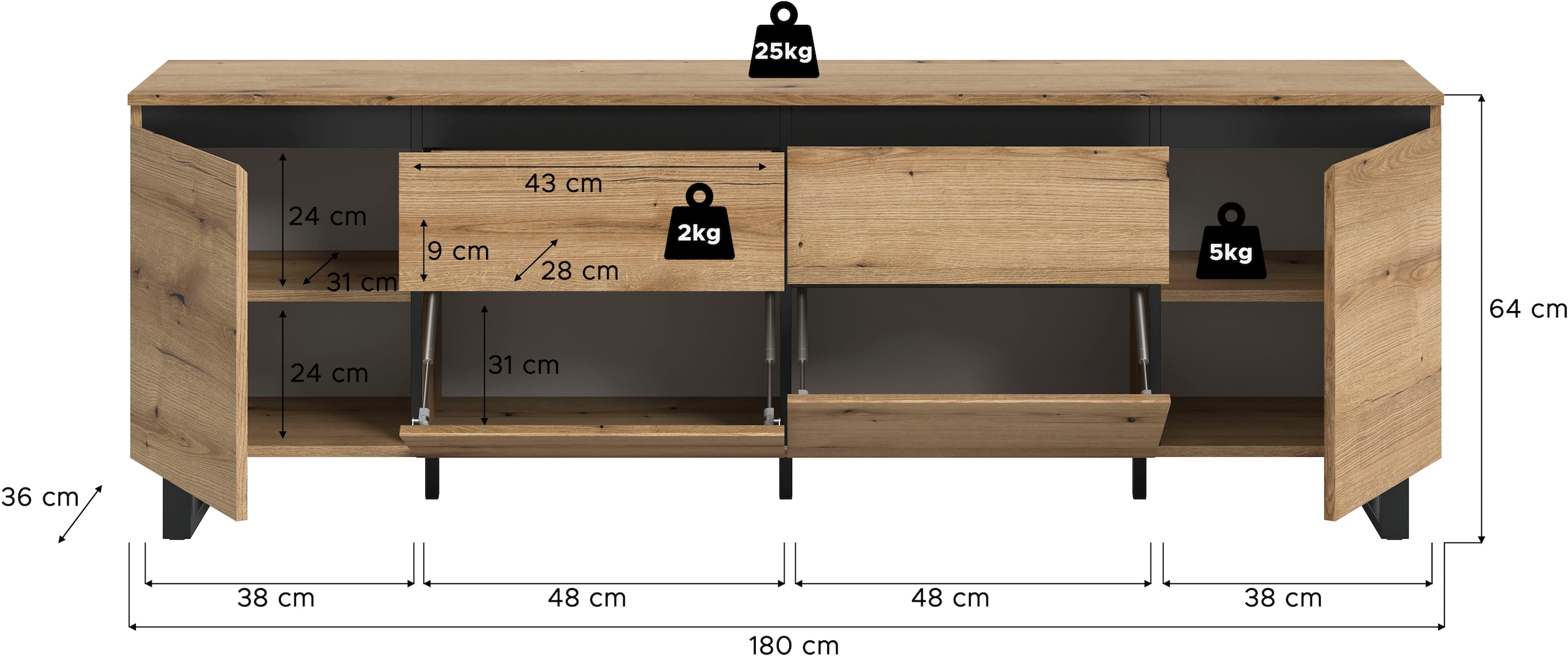 Home affaire Lowboard »TOMA, 188cm breit, Metall-Kufen-Fuß, 2 Türen, 2 Schubkästen,2 Klappen« TV-Lowboard, Mediaschrank, Mediaboard, TV-Schrank, Schrank, Board