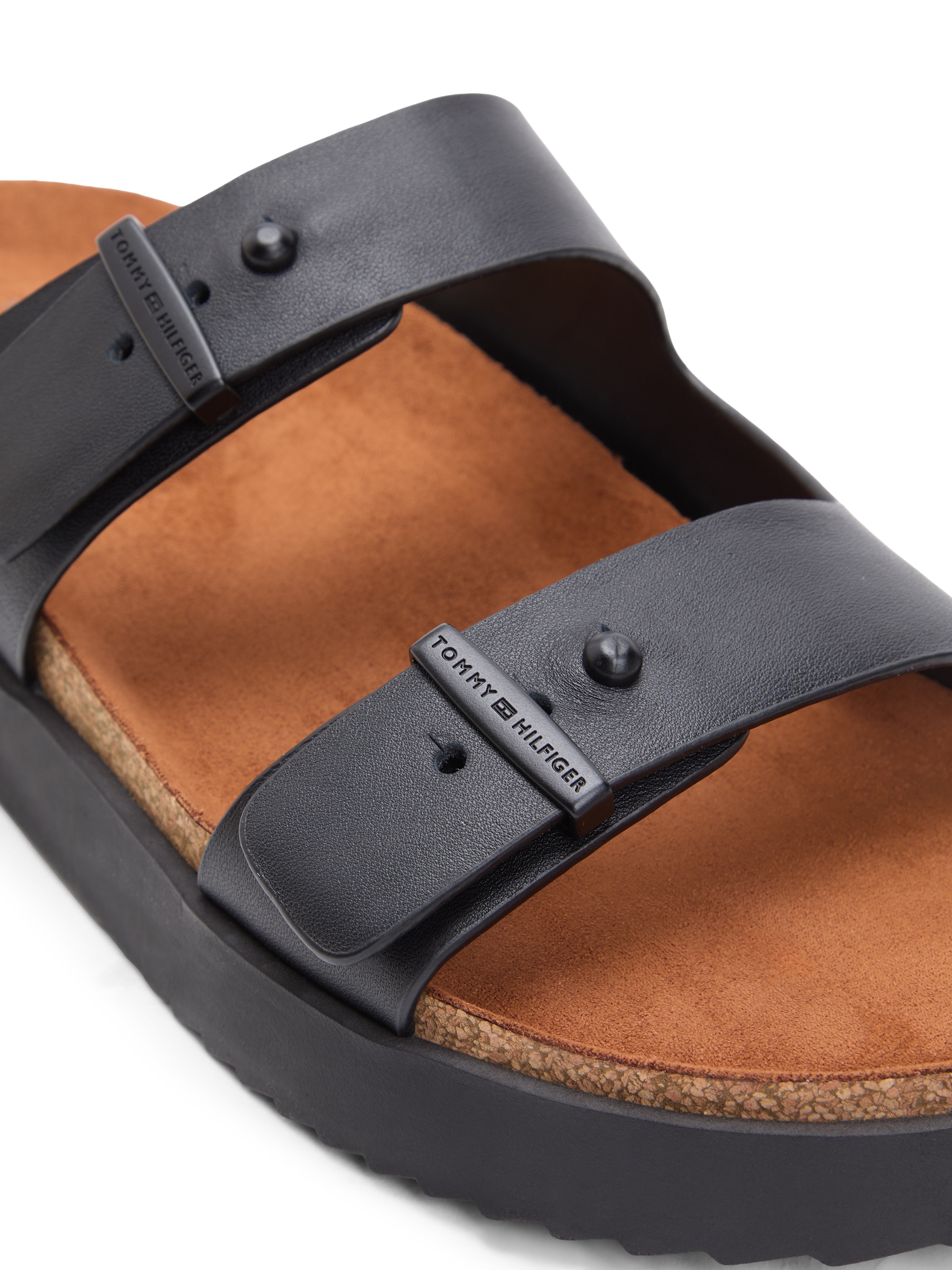 Tommy Hilfiger Pantolette »CORK ADJUSTABLE LTH SANDAL«  Sommerschuh, Bequemschuh, Sandale mit Logoprägung in den Schnallen