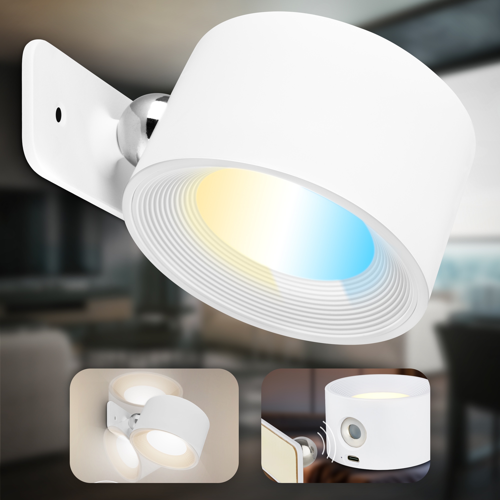 B.K.Licht LED Wandleuchte »BKL1596 Magnetische Akku Wandlampe, 3-Stufen Dimmer, mit USB-C« LED-Modul 1 Stk. Tageslichtweiß CCT-Funktion, 150Lm, 2W, 14h Leuchtdauer, 4,5 x 8 x 9,5 cm, Weiß