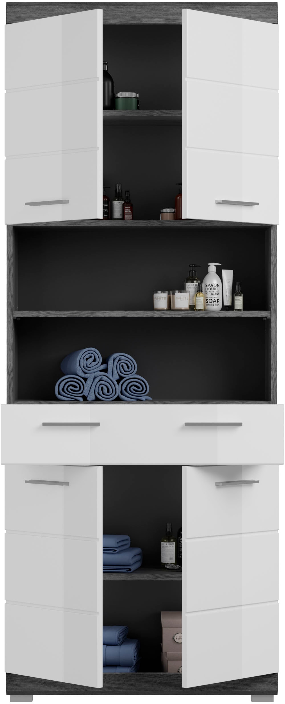 INOSIGN Hochschrank »SIENA, Breite 74cm, 4 Türen, 1 Schubkasten, 2 offene Fächer, MDF-Front« TOPSELLER!,  in verschiedenen Farben erhältlich, Badmöbel, Badschrank, Schrank, Bad