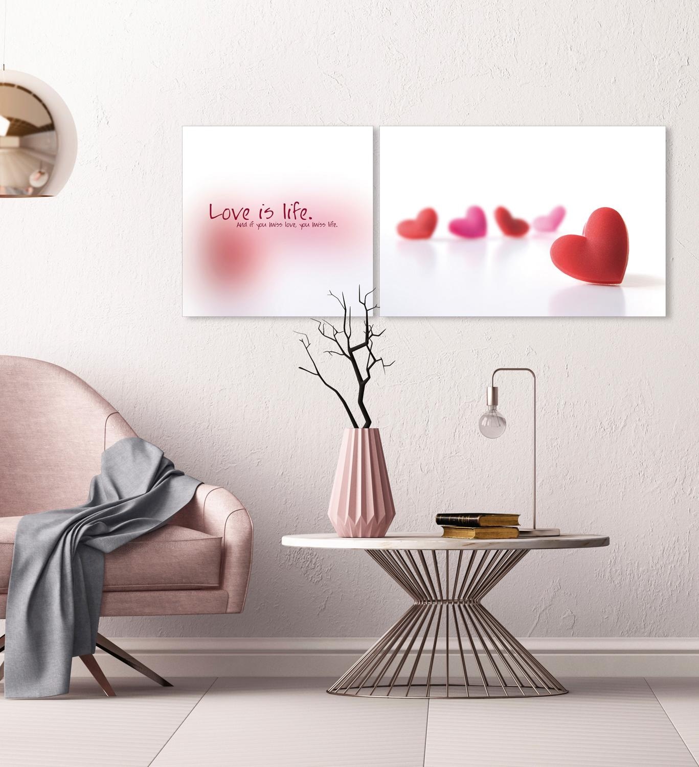queence Leinwandbild »Love is Life«, Herz-Herzbilder-Kunst-Modern-Spa-Spa Bilder-Sprüche-Sprüche & Texte-Schriftzug-Schriftzüge, (Set), Premium-Leinwandstoff, Handarbeit aus Deutschland, Spruch, 2er Set