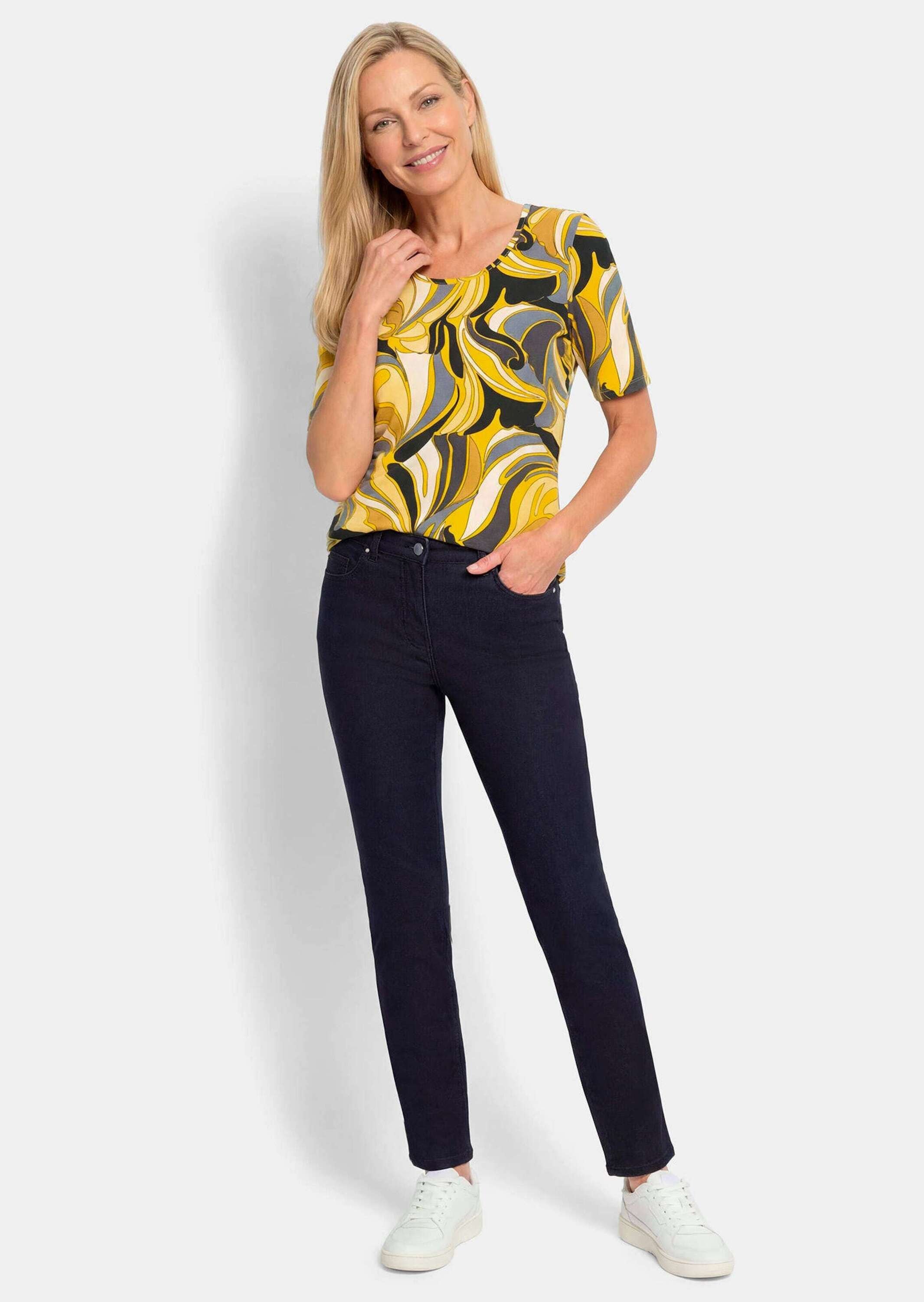 GOLDNER Kurzarmshirt »Kurzgröße Shirt mit hübschem Ornament-Muster« stretchbequemer Viskosejersey