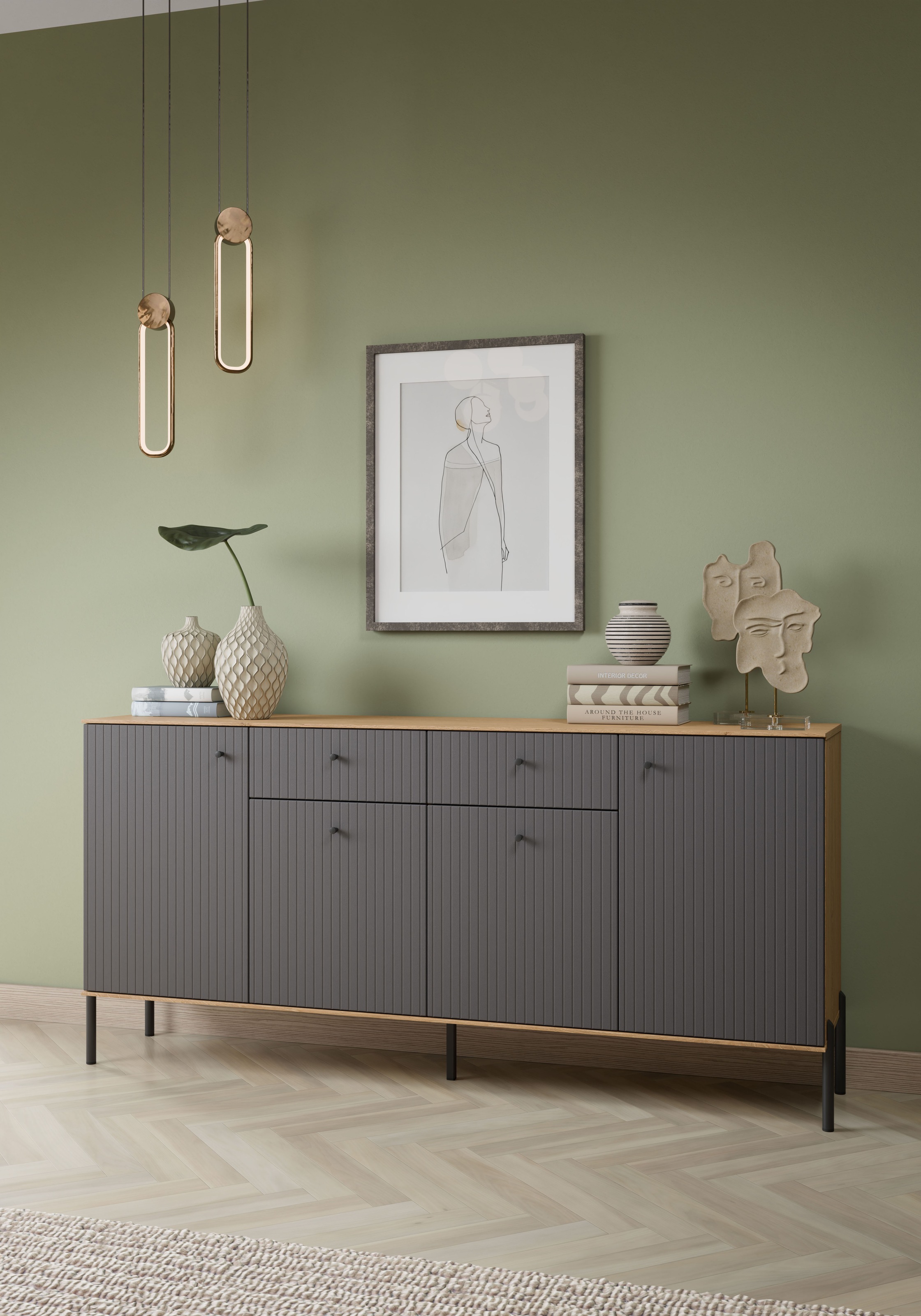 OTTO home Sideboard Sideboard, Breite 184 cm, mit geriffelten Fronten, auf Metallfüßen