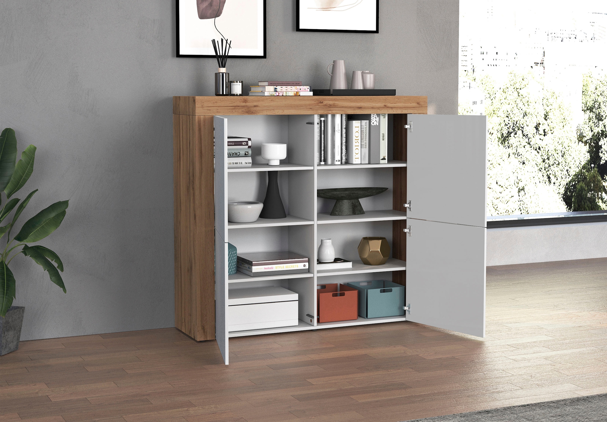 OTTO home Highboard »CHRONOS Breite 140 cm mit 4 Türen und 8 Fächer 'Made in Italy'« 1 Stk. tlg. Hohes Sideboard, Kommode, Schrank, Grifflos mit Push to Open