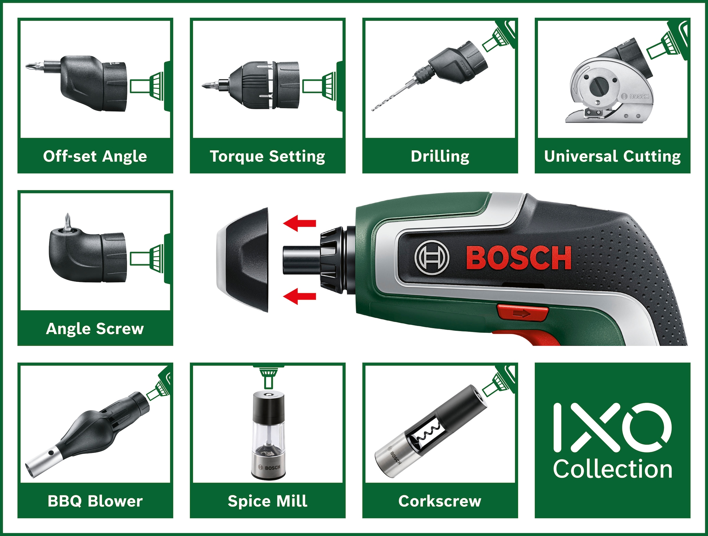 Bosch Home & Garden Akku-Schrauber »IXO 7«, (Set), mit 10-tlg. Bit-Set, Winkelaufsatz, Exzenteraufsatz, Aufbewahrungsbox