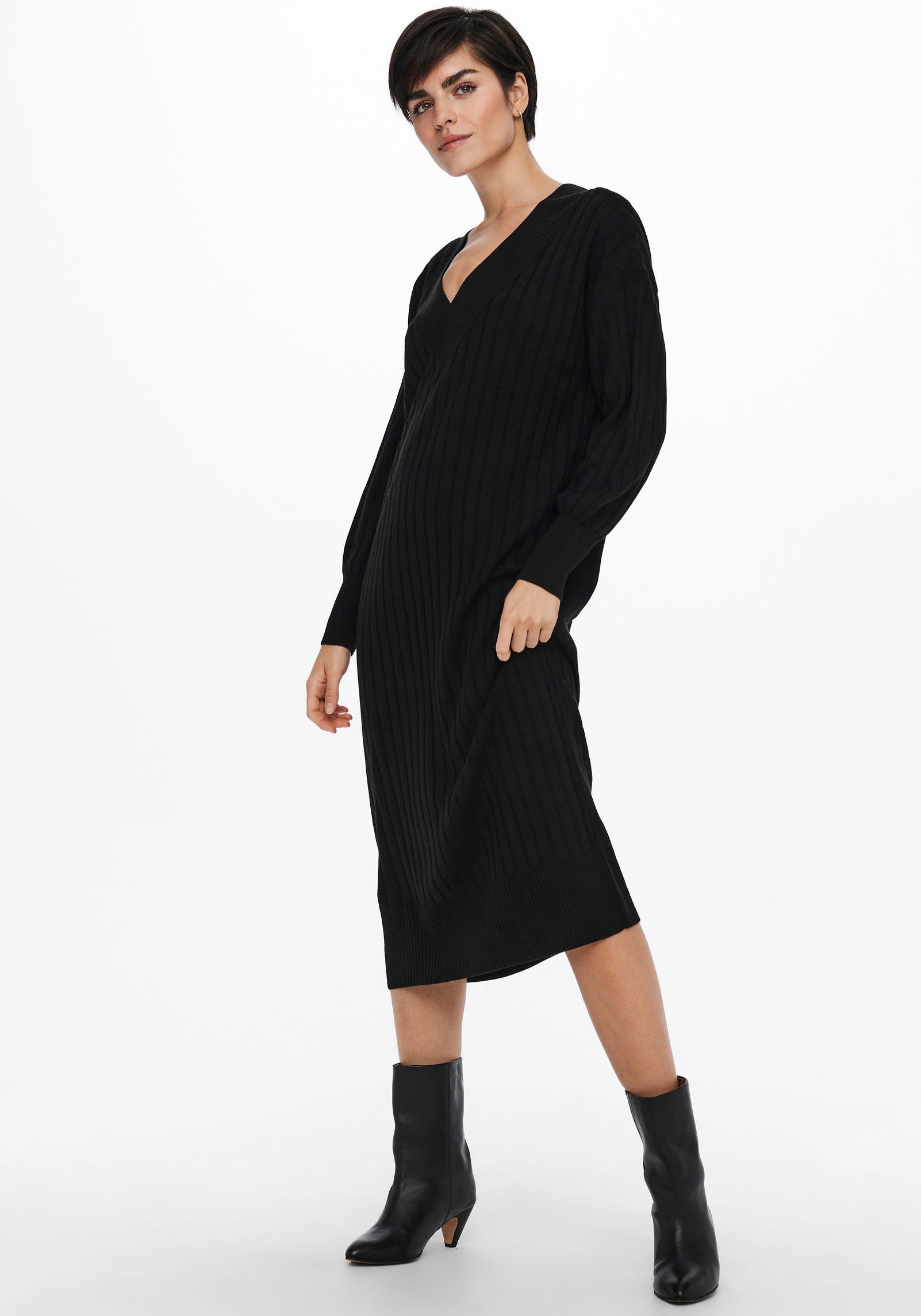 ONLY Strickkleid »ONLNEW TESSA L/S MIDI V DRESS«, mit tiefem V-Ausschnitt mit breiter Blende