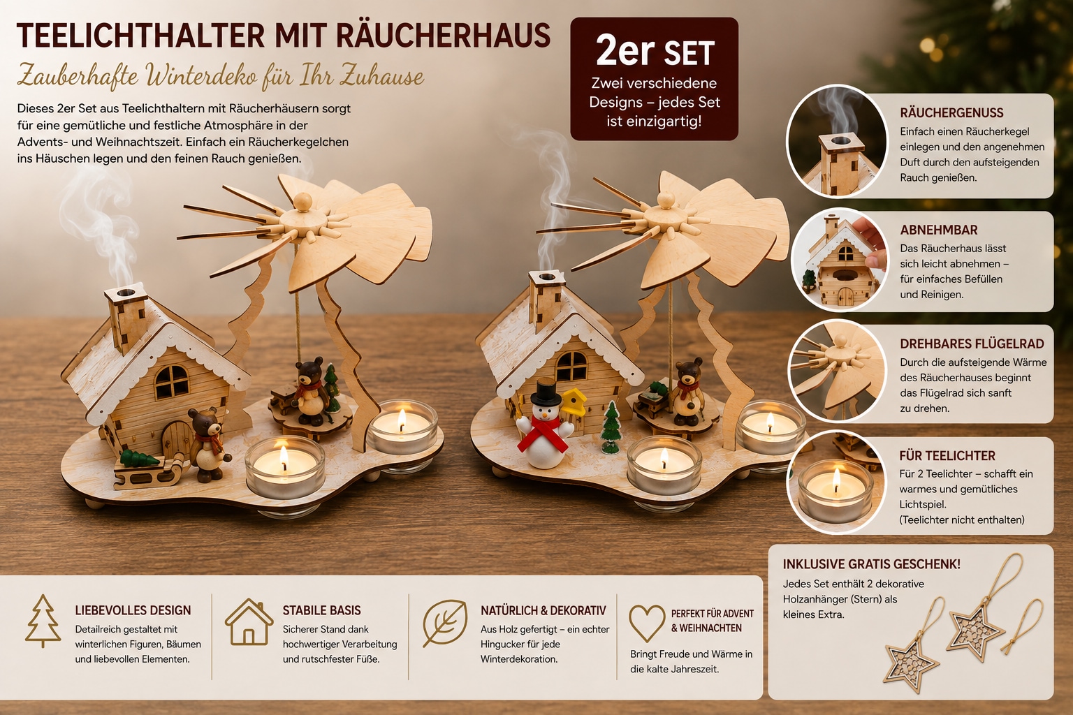 OTTO home Weihnachtsszene »Pyramide und Räucherhaus für Teelichter, 2er-Set« 6-Stunden Timer, gratis Holzanhänger, weihnachtliche Dekoration