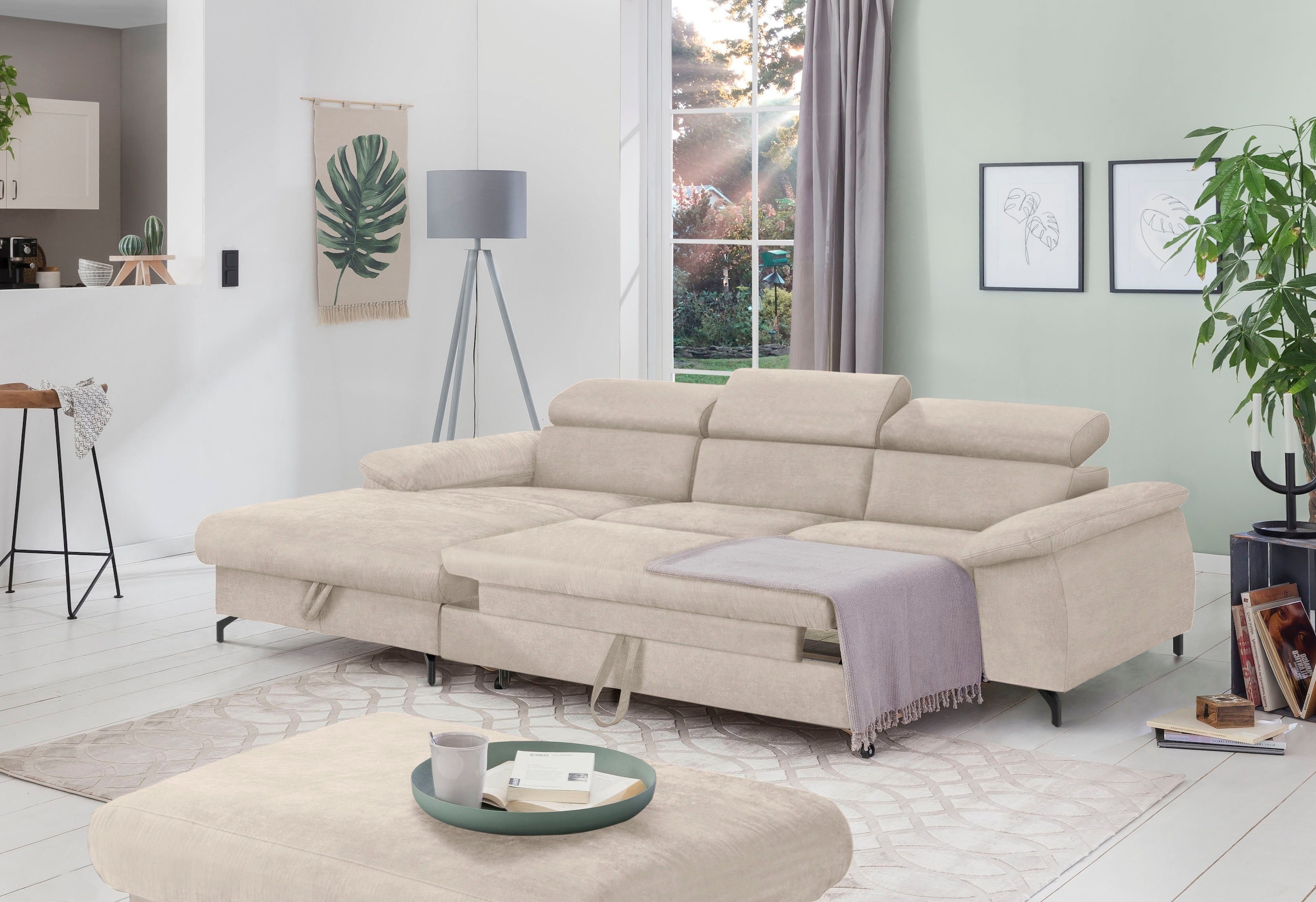 COTTA Polstergarnitur »Komaris L-Form«, (Set), Set bestehend aus: Ecksofa mit Kopfteilverstellung & Hocker