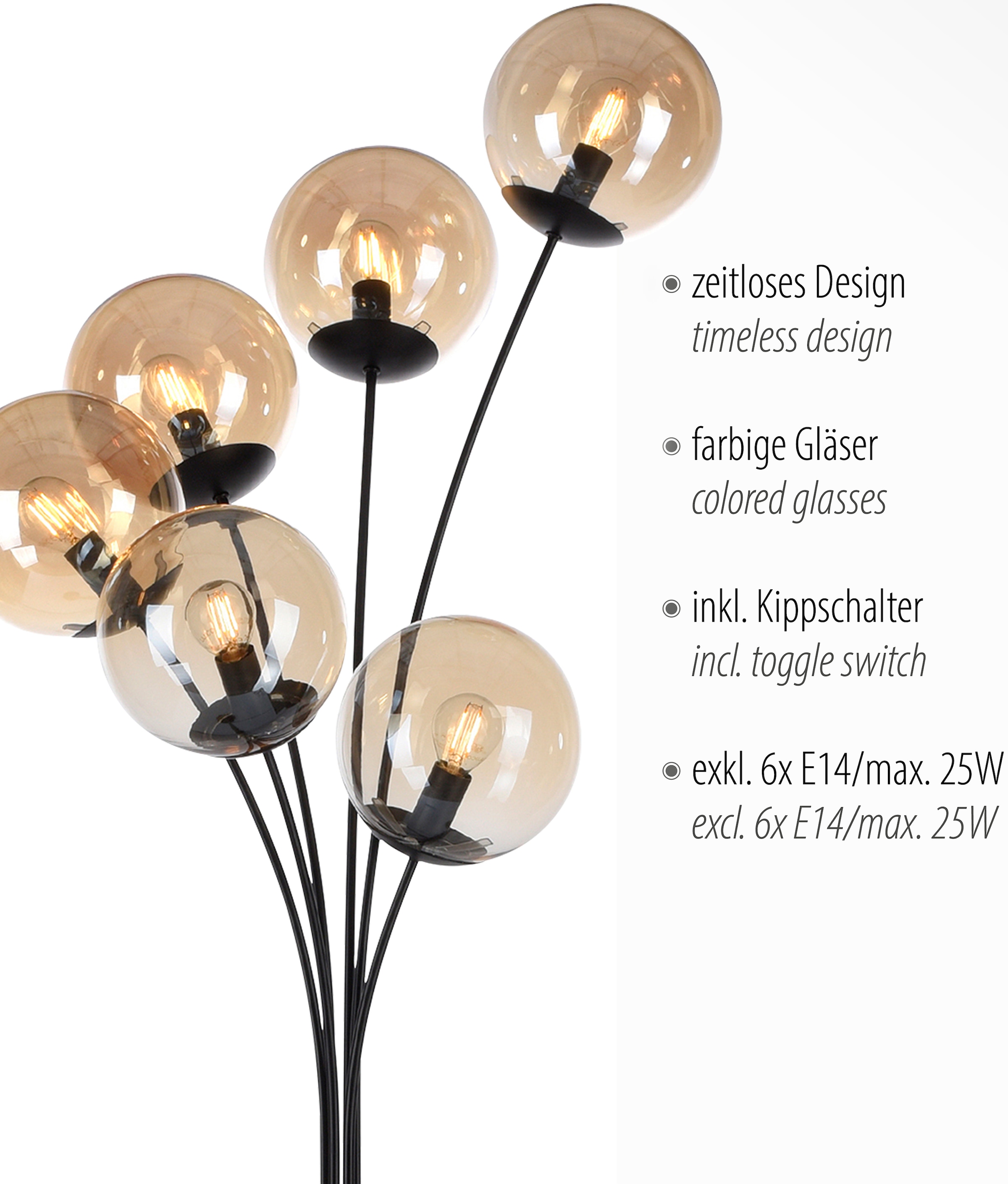 Glaskörpern, | Stehlampe XXL mit 6 online amberfarbigen kaufen »Nymölla«, lackiert Oberfläche flammig-flammig, mit Jahren andas 3 großen schwarz Garantie