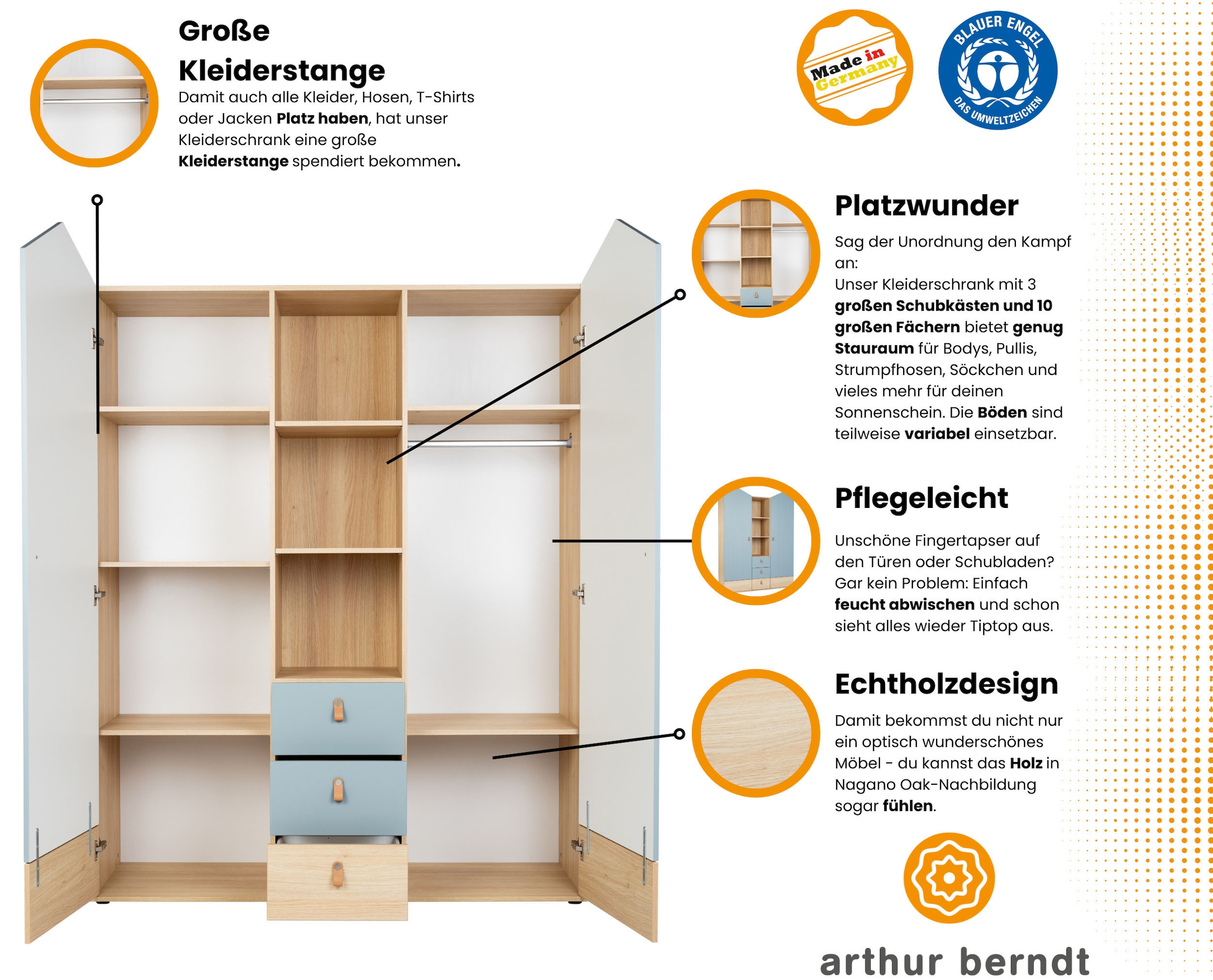 arthur berndt Babyzimmer-Komplettset »Babyzimmer-Set »Roofy« 3-teilig mit 2-türigem Kleiderschrank«, (Set, 3 tlg., Babymöbel-Set »Roofy« Kleiderschrank,Kinderbett+Wickelkommode)